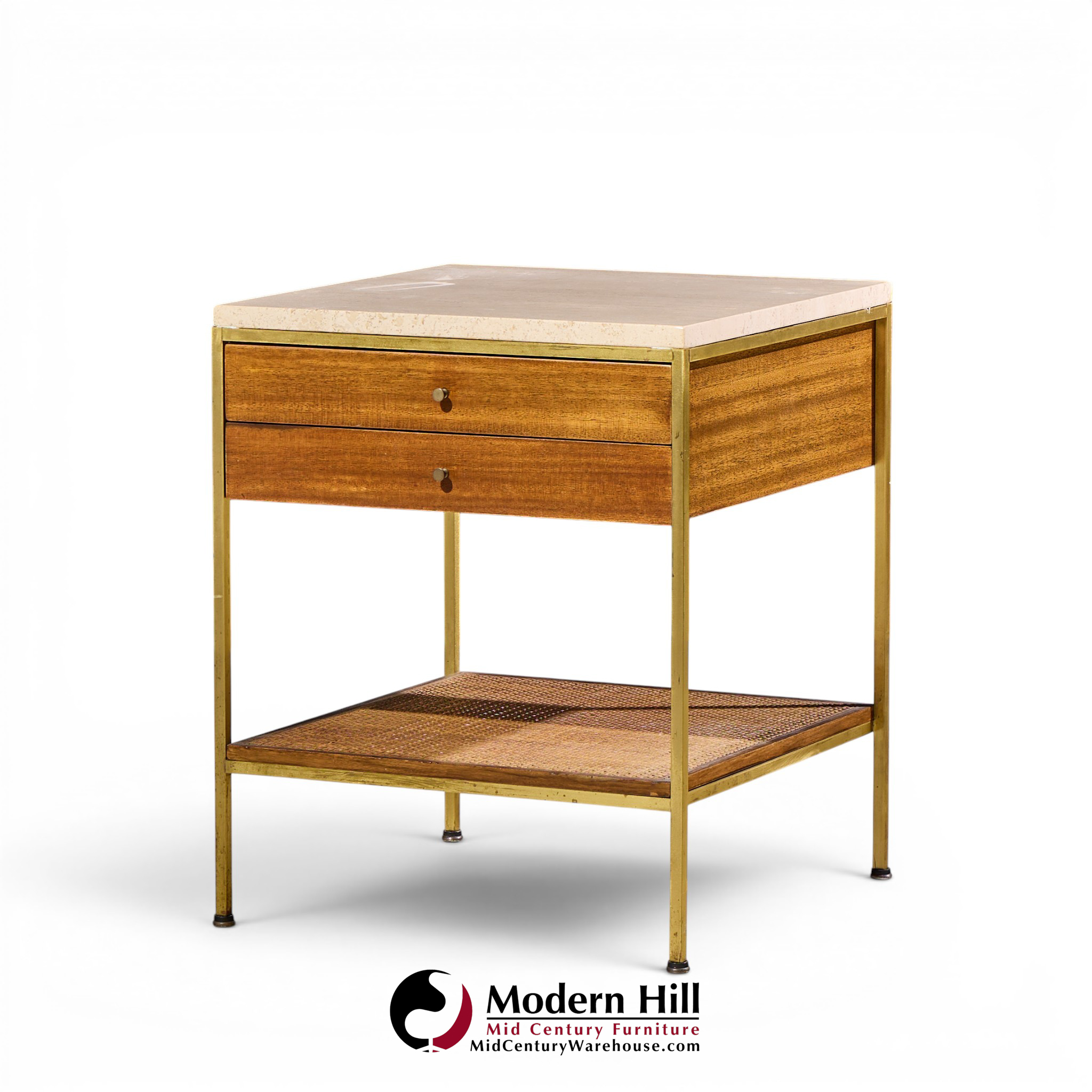 paul mccobb for calvin irwin group model 8714 mid century bleached mahogany, cane, brass and travertine nightstand - pair