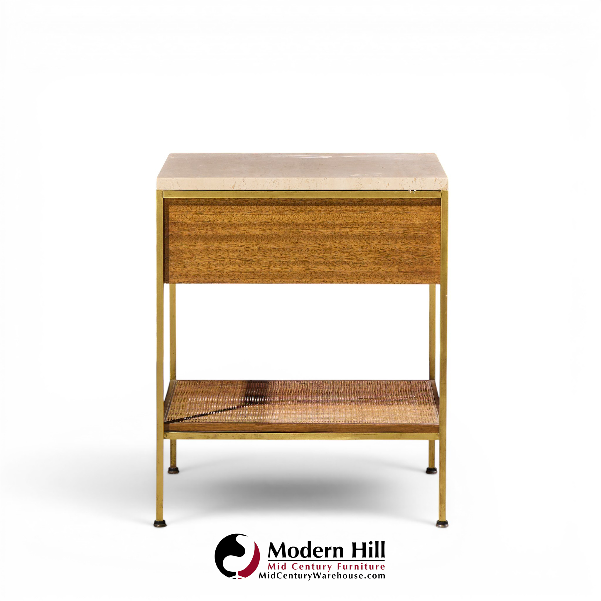 paul mccobb for calvin irwin group model 8714 mid century bleached mahogany, cane, brass and travertine nightstand - pair