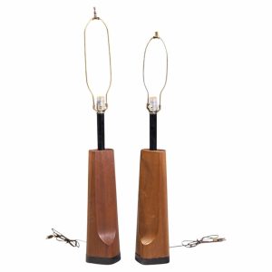 richard barr for laurel mid century walnut table lamps - pair