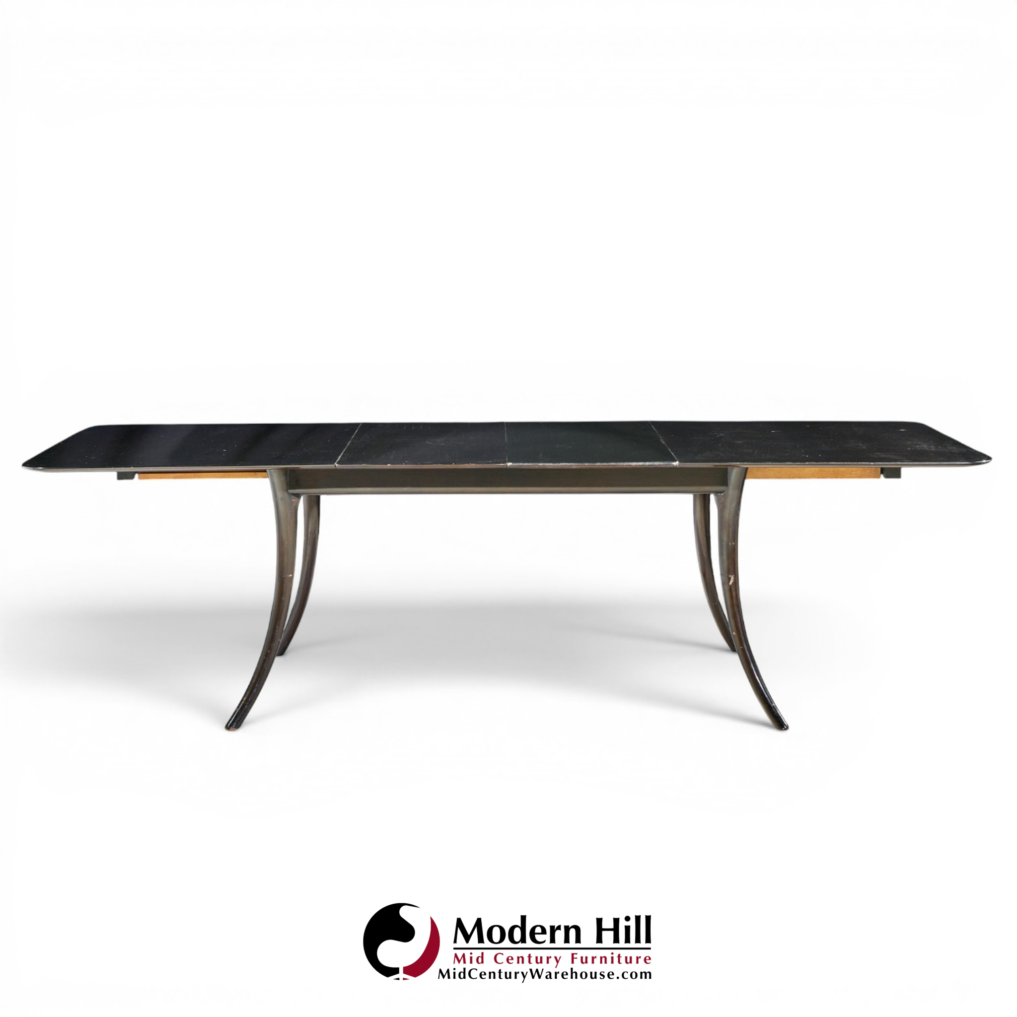 robsjohn gibbings for widdicomb mid century ebonized expanding saber leg dining table with 2 leaves