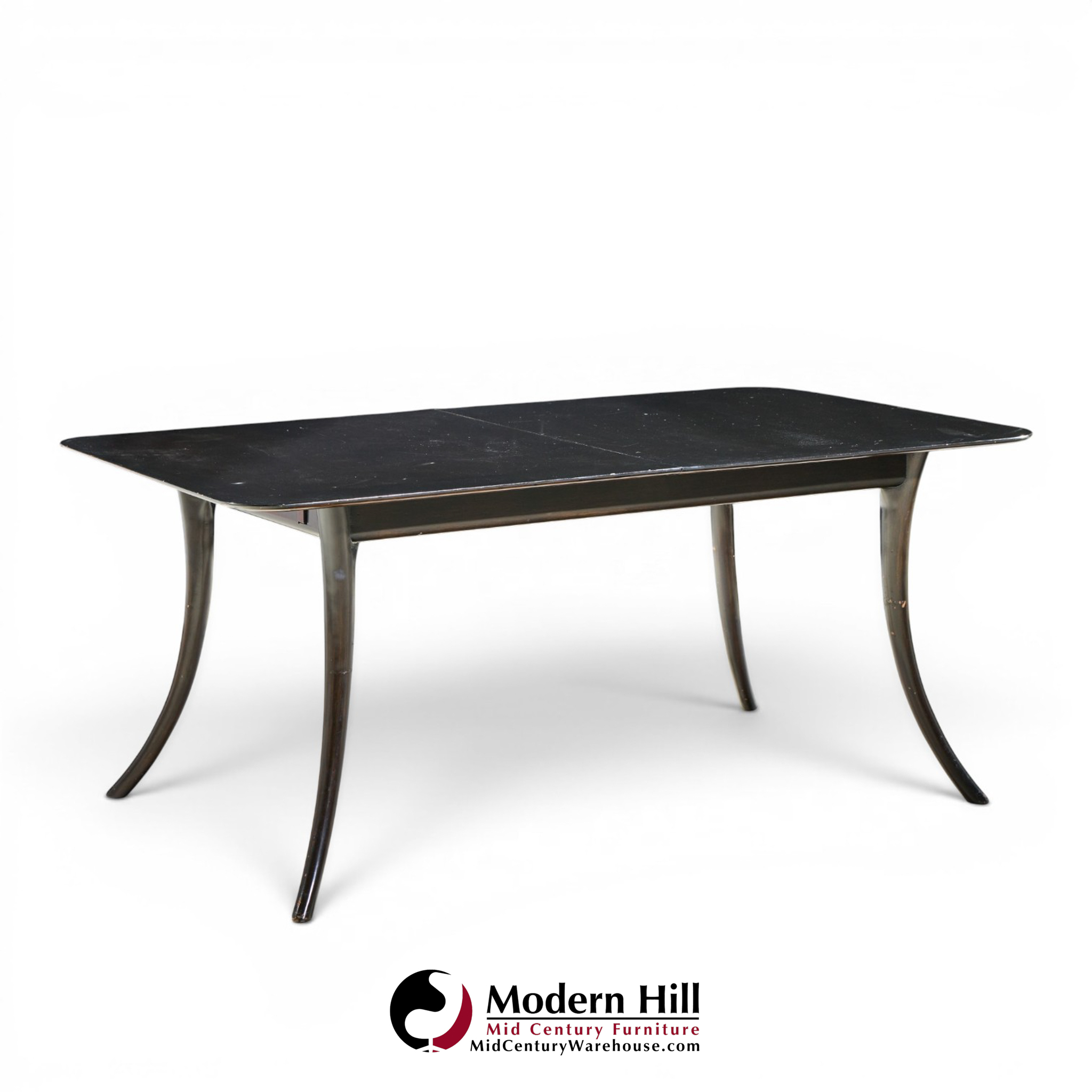 robsjohn gibbings for widdicomb mid century ebonized expanding saber leg dining table with 2 leaves