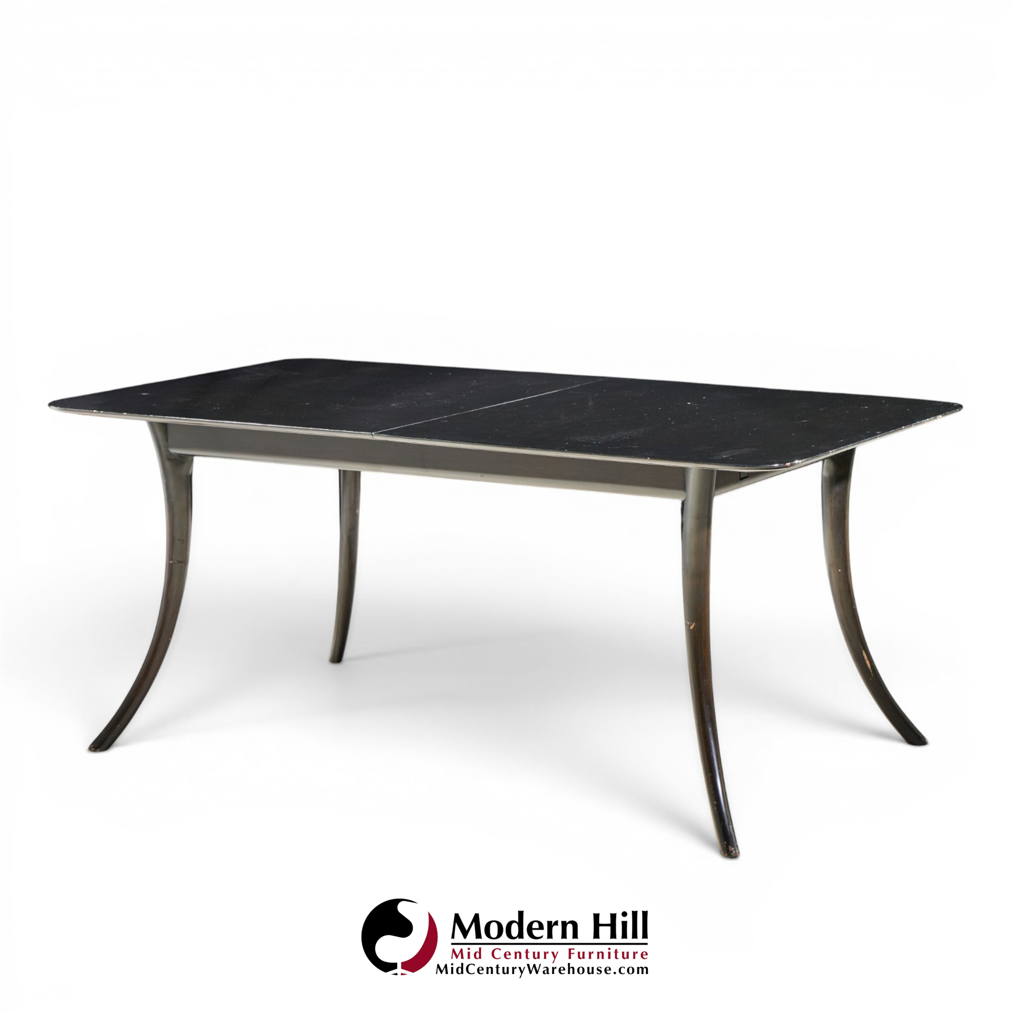robsjohn gibbings for widdicomb mid century ebonized expanding saber leg dining table with 2 leaves