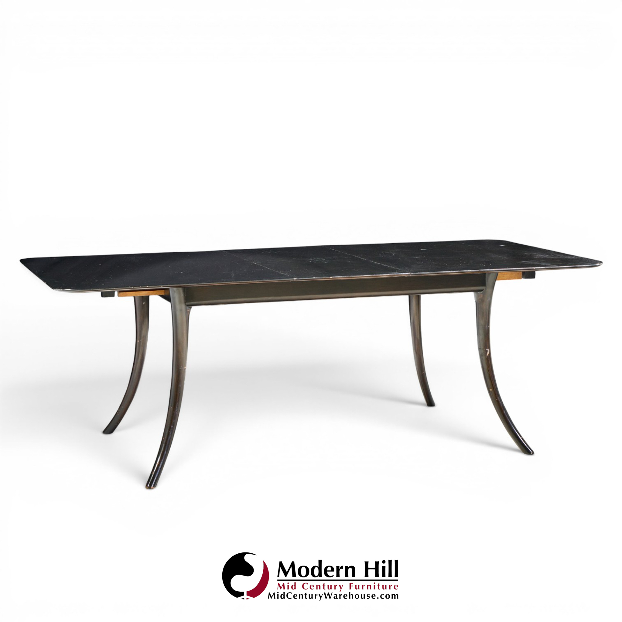 robsjohn gibbings for widdicomb mid century ebonized expanding saber leg dining table with 2 leaves