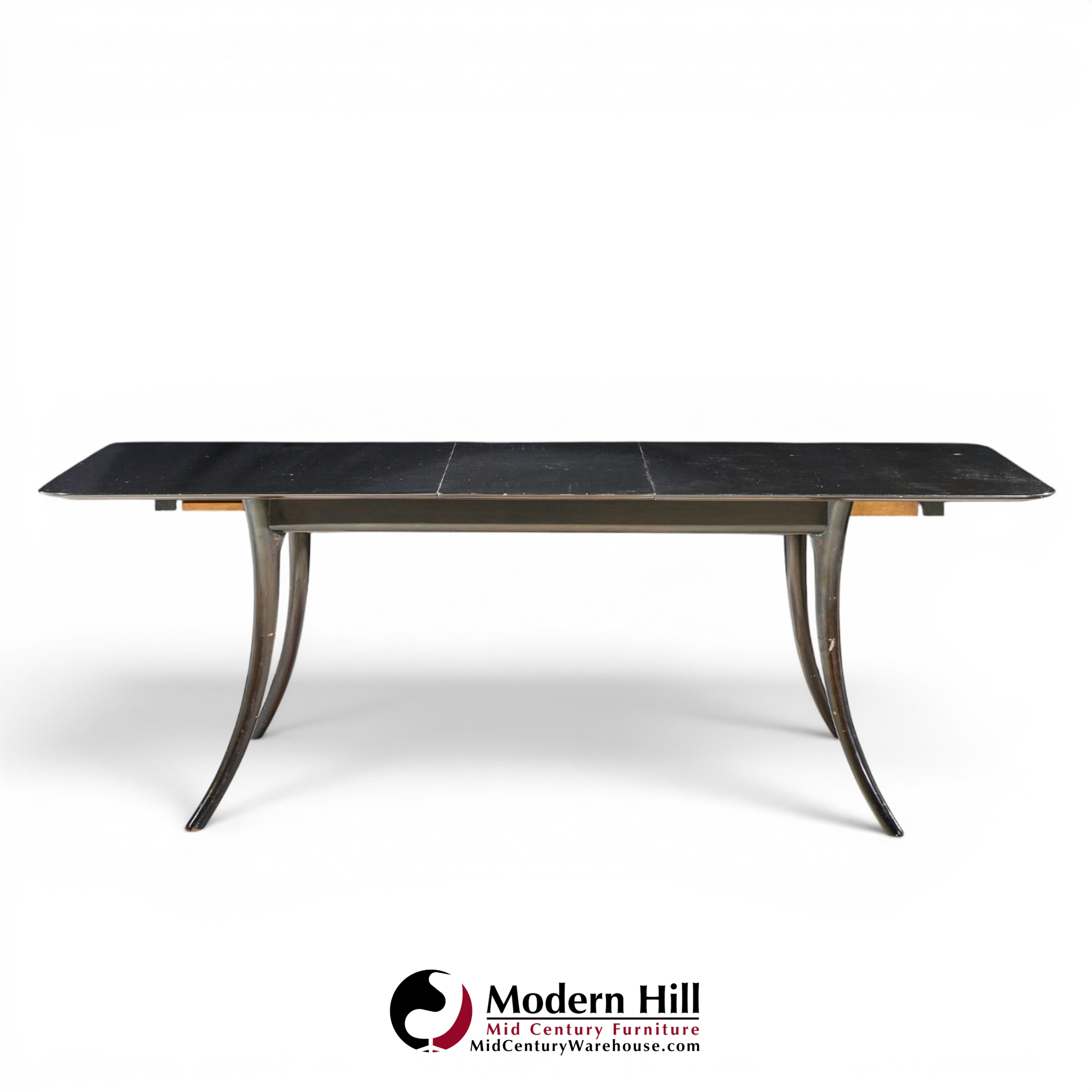 robsjohn gibbings for widdicomb mid century ebonized expanding saber leg dining table with 2 leaves