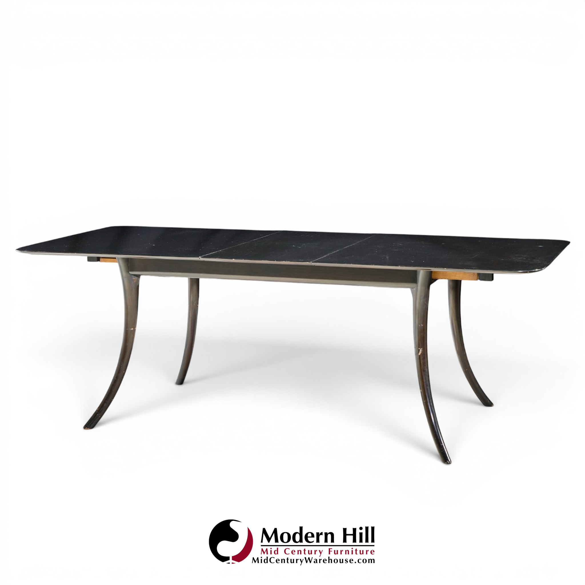 robsjohn gibbings for widdicomb mid century ebonized expanding saber leg dining table with 2 leaves