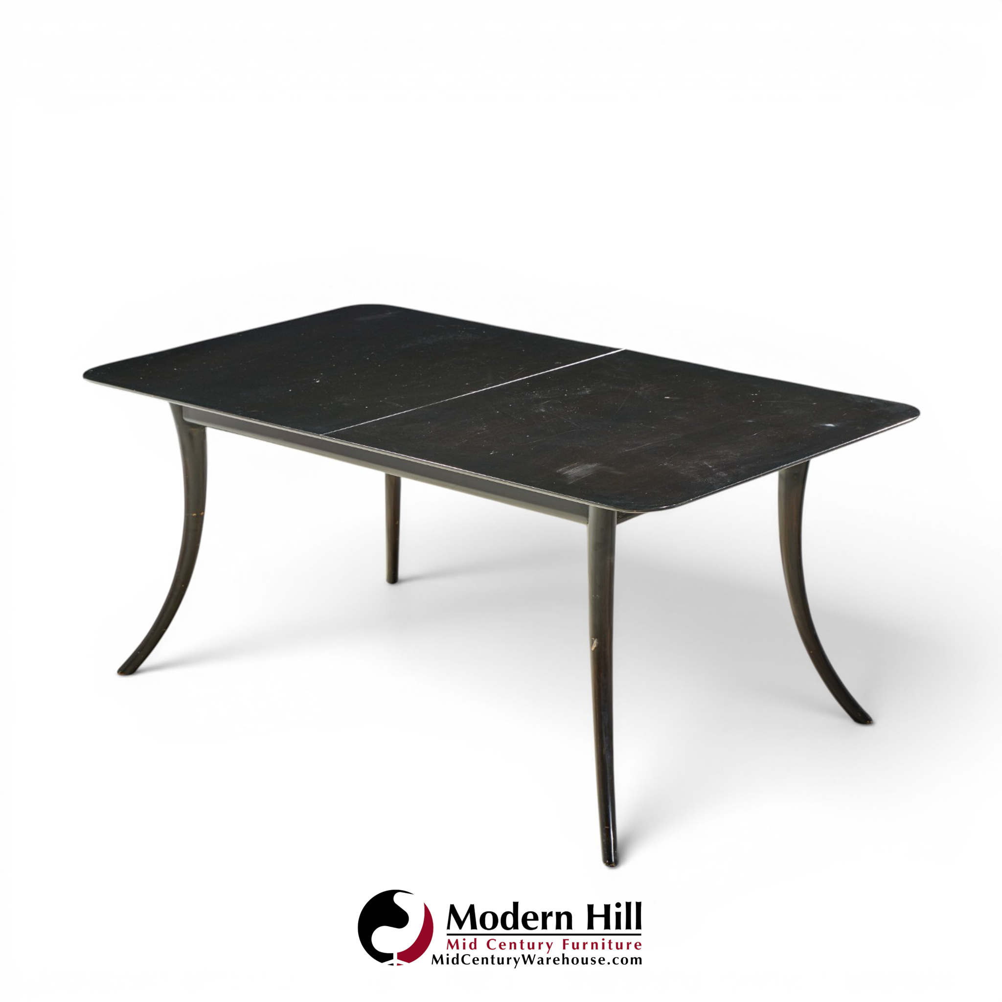 robsjohn gibbings for widdicomb mid century ebonized expanding saber leg dining table with 2 leaves