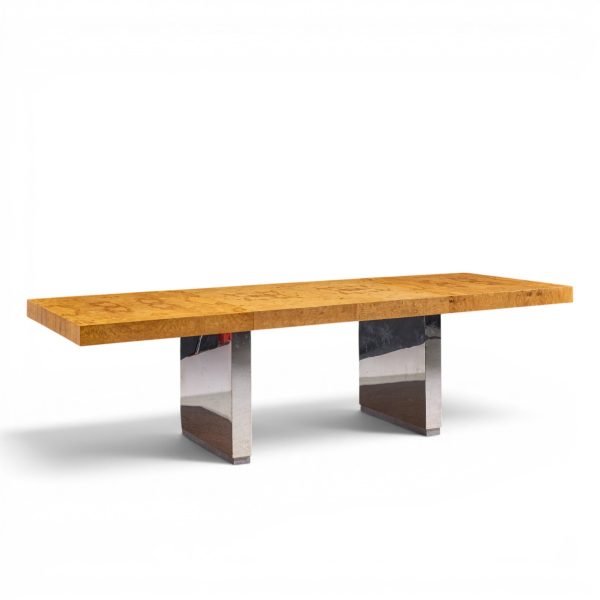 roger sprunger for dunbar mid century burlwood and chrome expanding dining table with 2 leaves