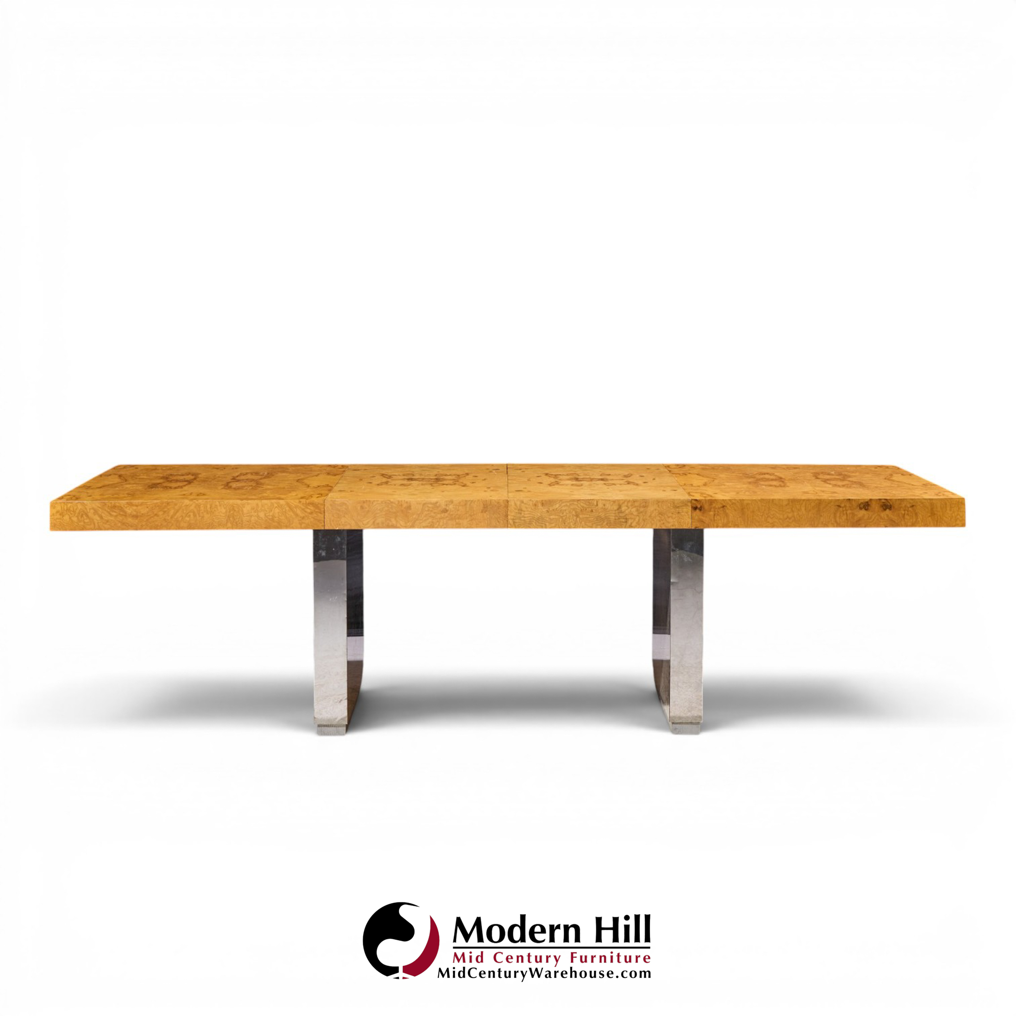 roger sprunger for dunbar mid century burlwood and chrome expanding dining table with 2 leaves