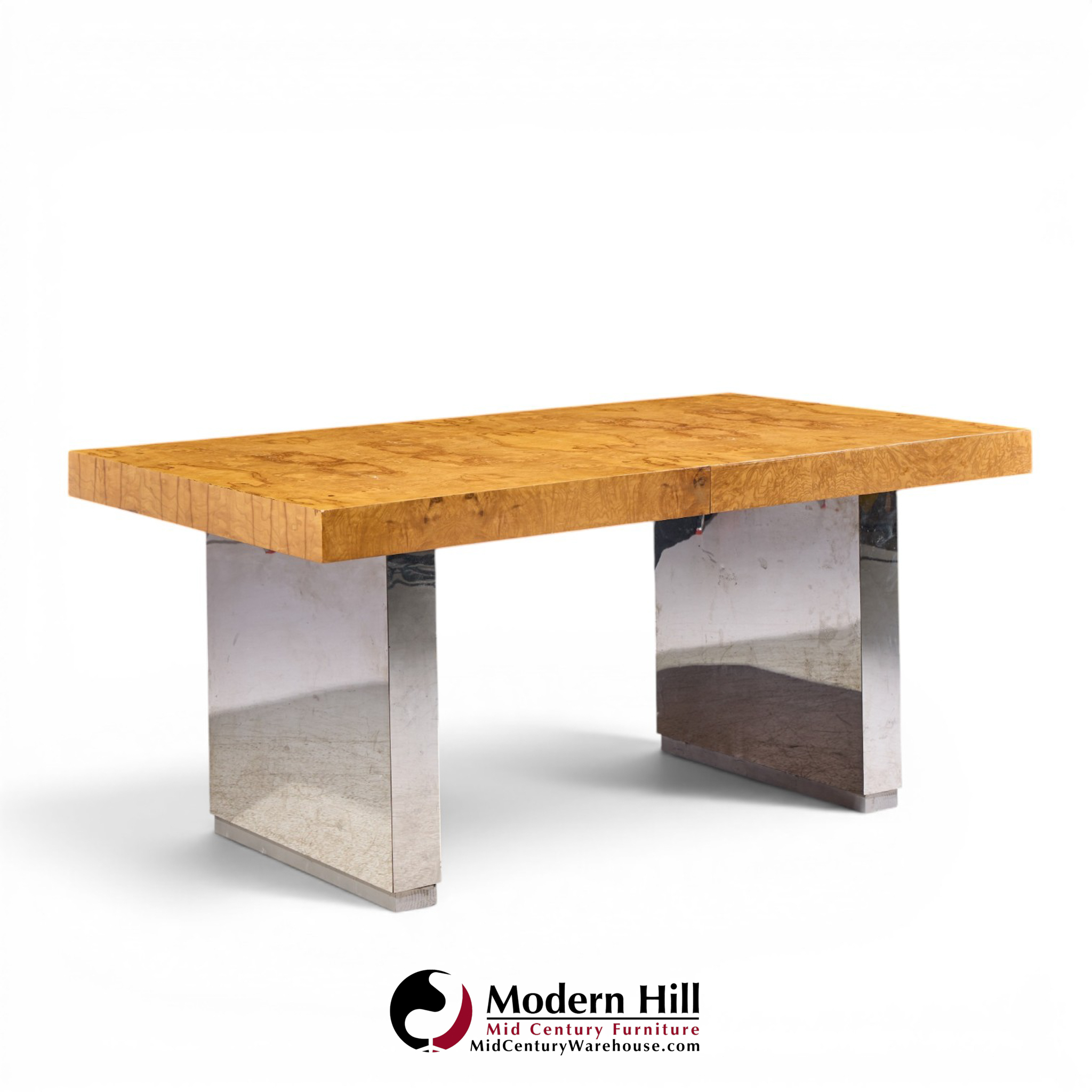 roger sprunger for dunbar mid century burlwood and chrome expanding dining table with 2 leaves