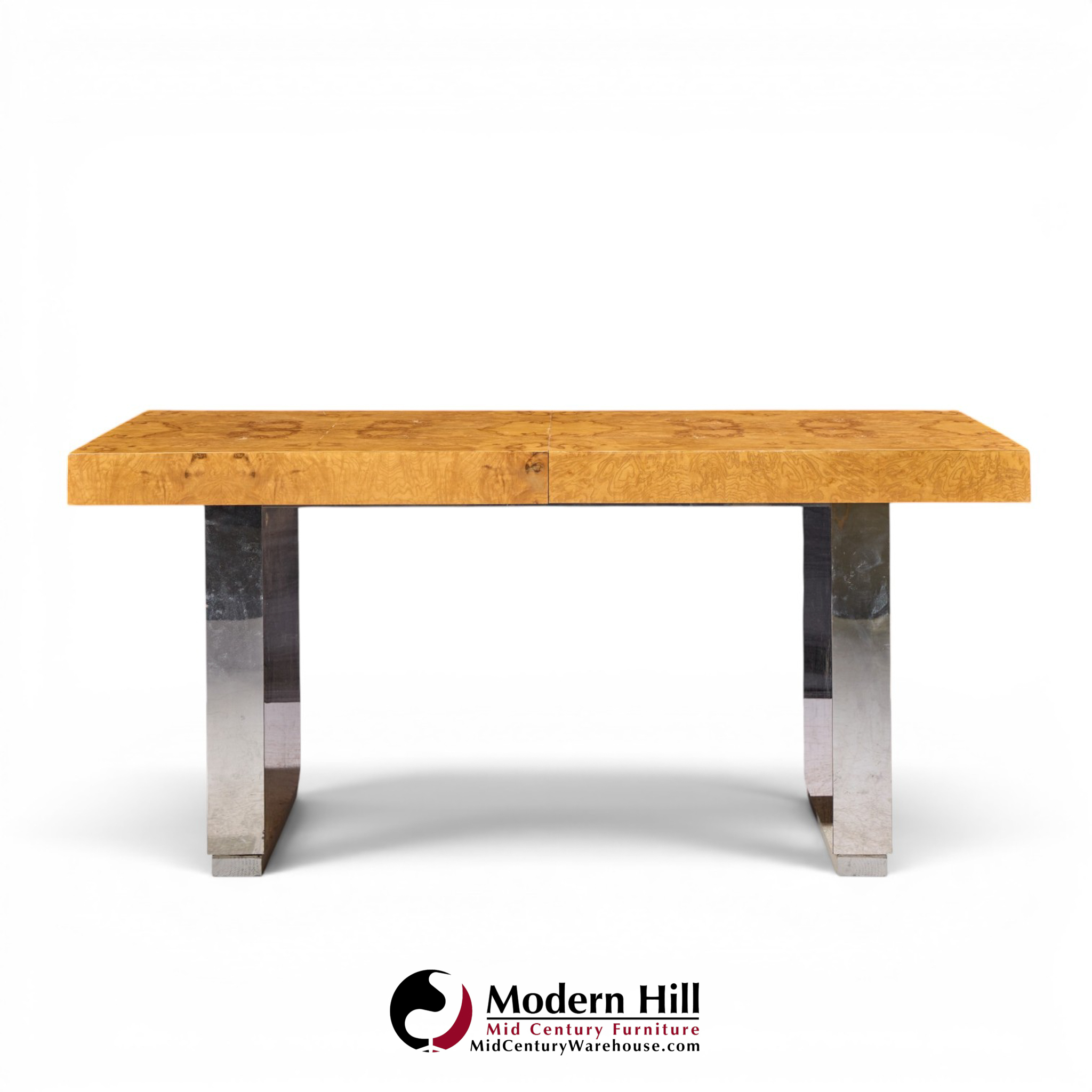 roger sprunger for dunbar mid century burlwood and chrome expanding dining table with 2 leaves