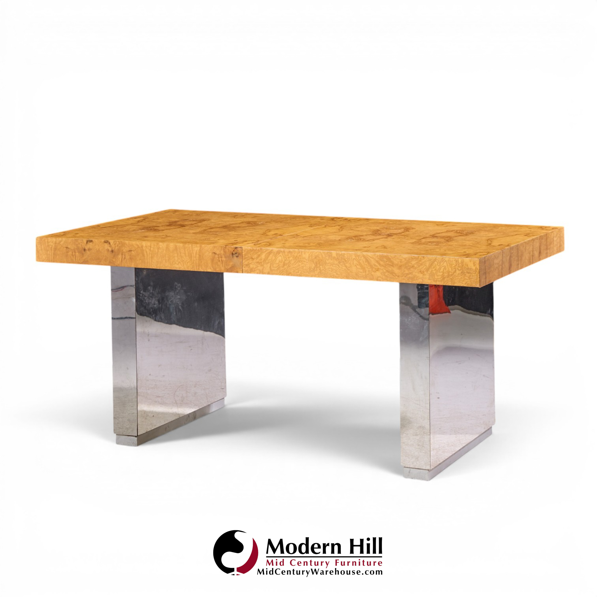 roger sprunger for dunbar mid century burlwood and chrome expanding dining table with 2 leaves