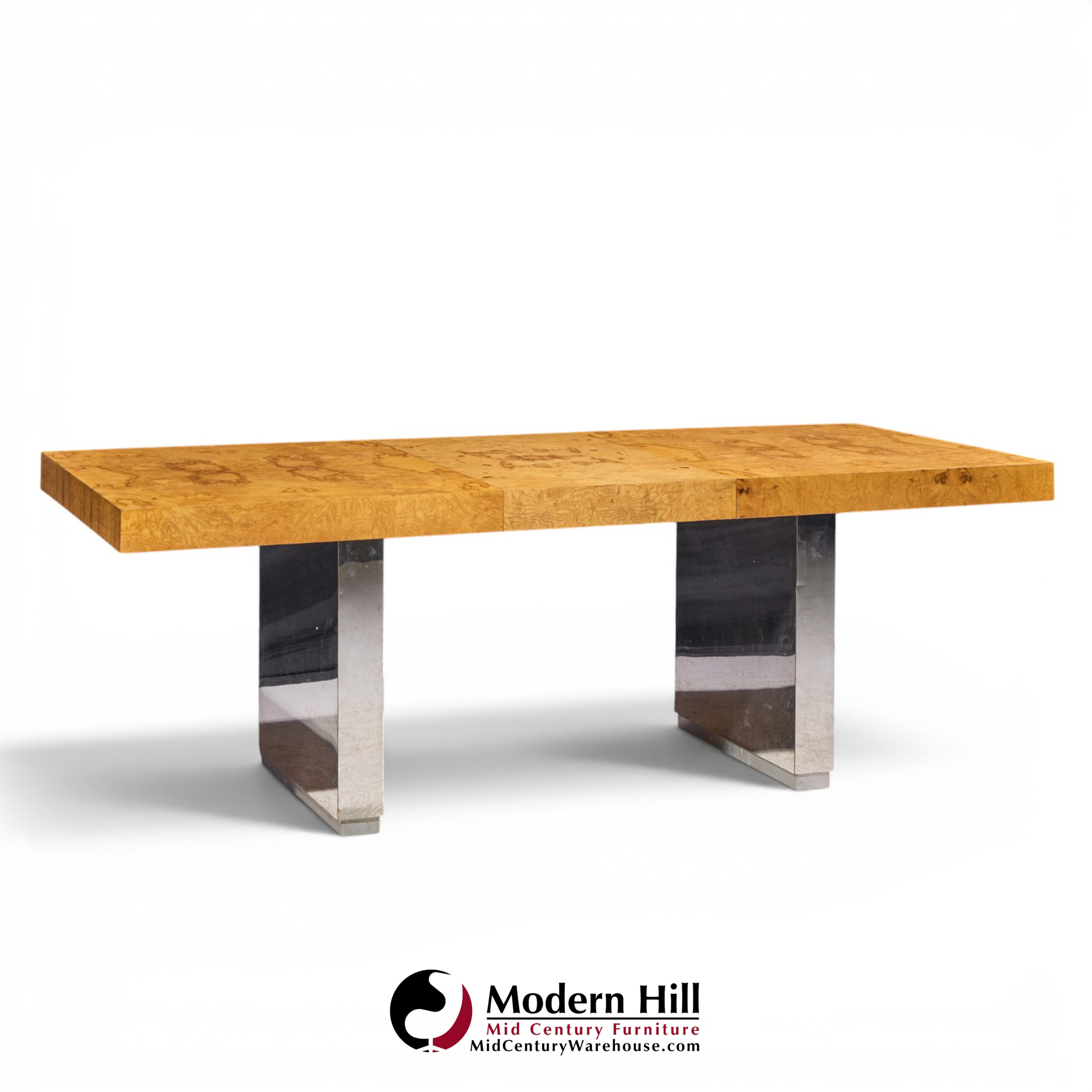 roger sprunger for dunbar mid century burlwood and chrome expanding dining table with 2 leaves