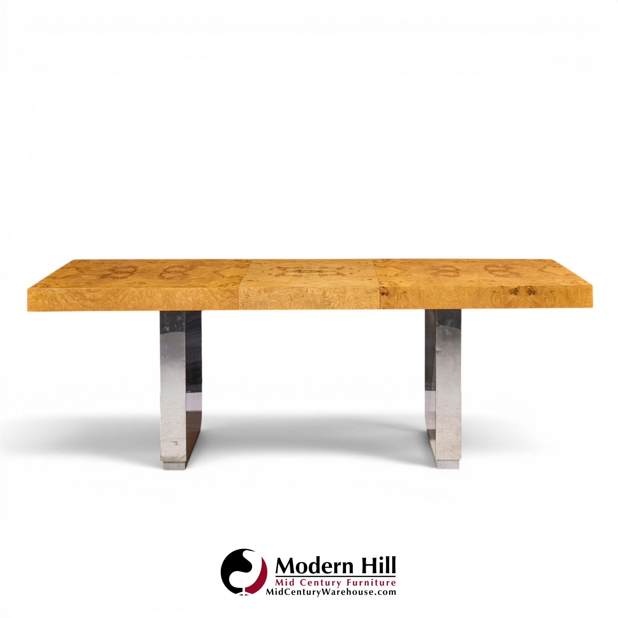 roger sprunger for dunbar mid century burlwood and chrome expanding dining table with 2 leaves