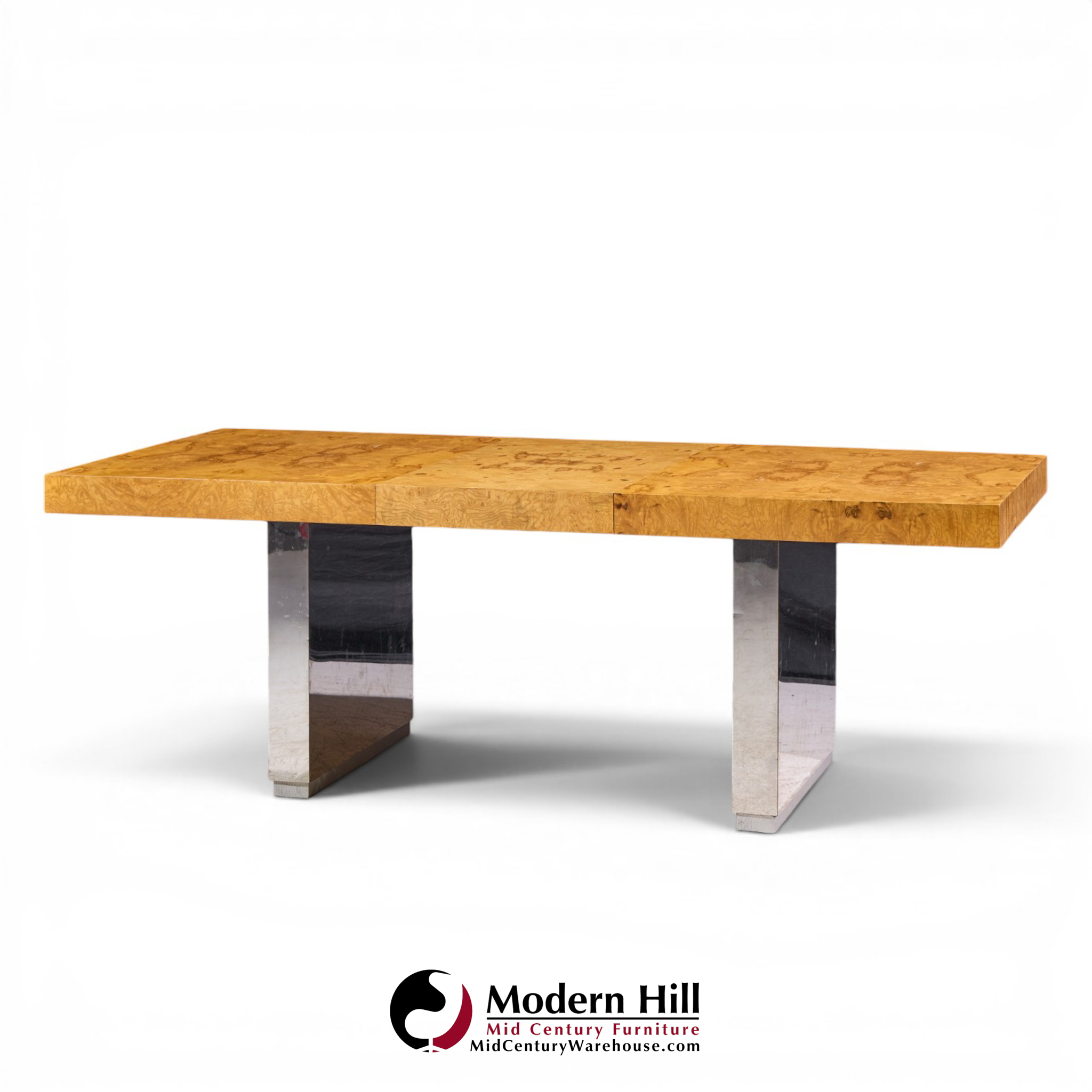 roger sprunger for dunbar mid century burlwood and chrome expanding dining table with 2 leaves