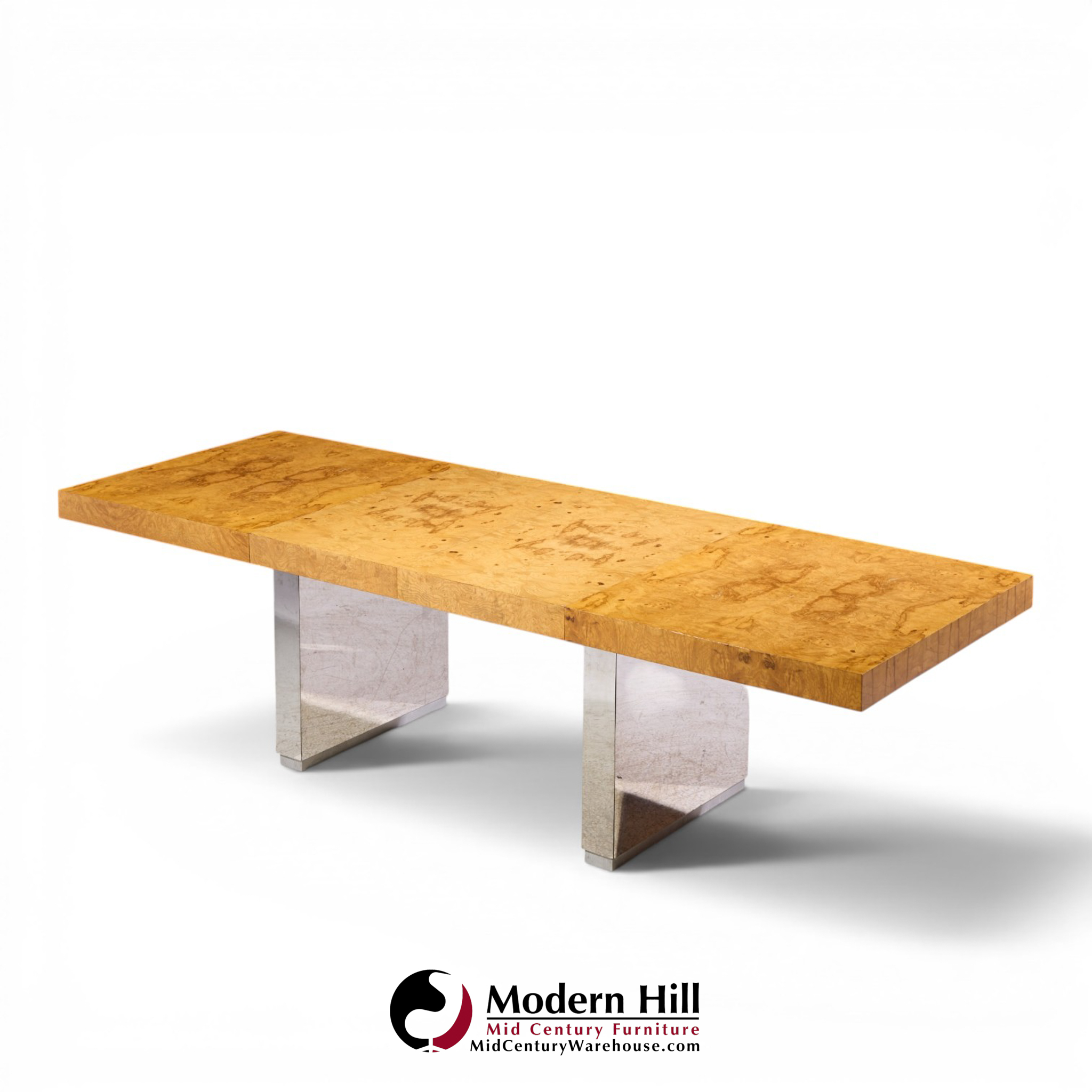 roger sprunger for dunbar mid century burlwood and chrome expanding dining table with 2 leaves