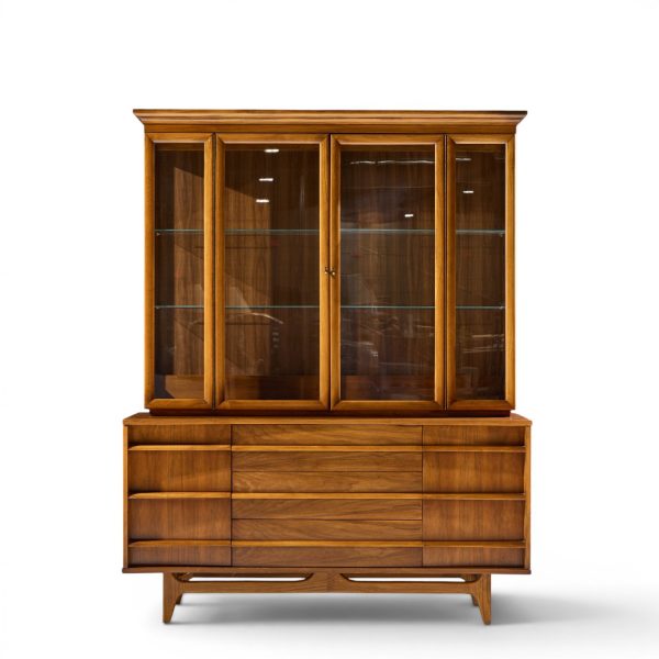 young manufacturing mid century curved walnut credenza and hutch
