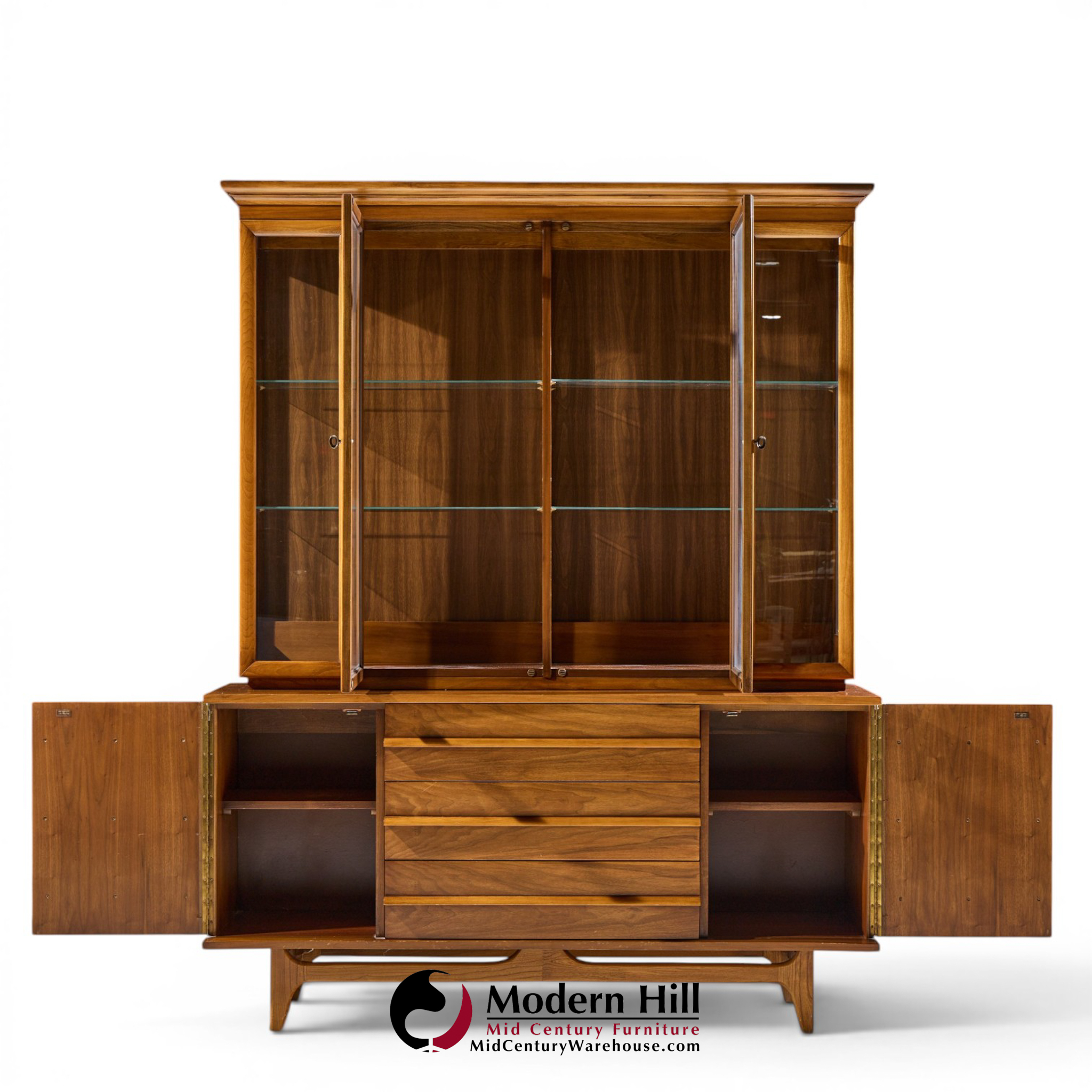 young manufacturing mid century curved walnut credenza and hutch