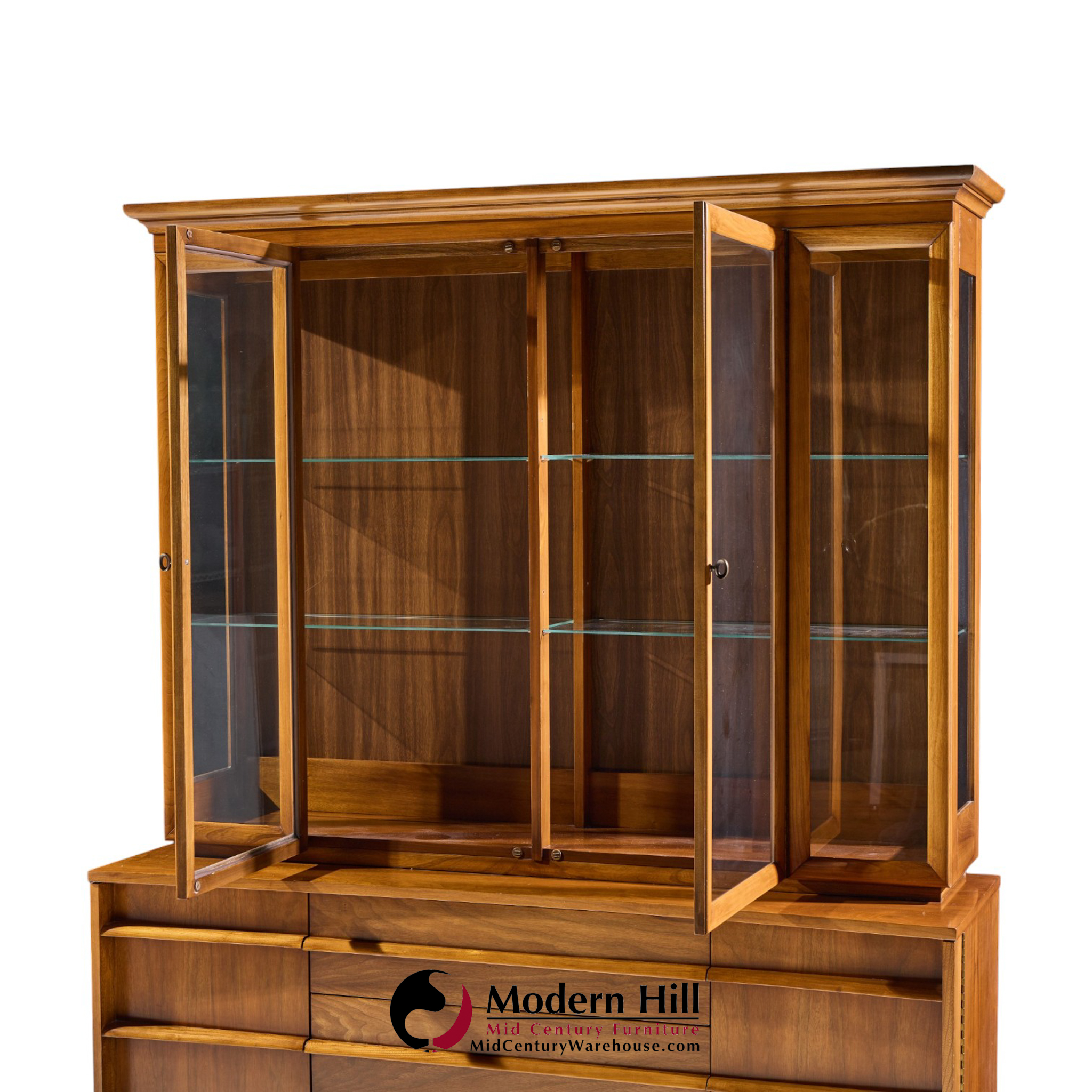 young manufacturing mid century curved walnut credenza and hutch