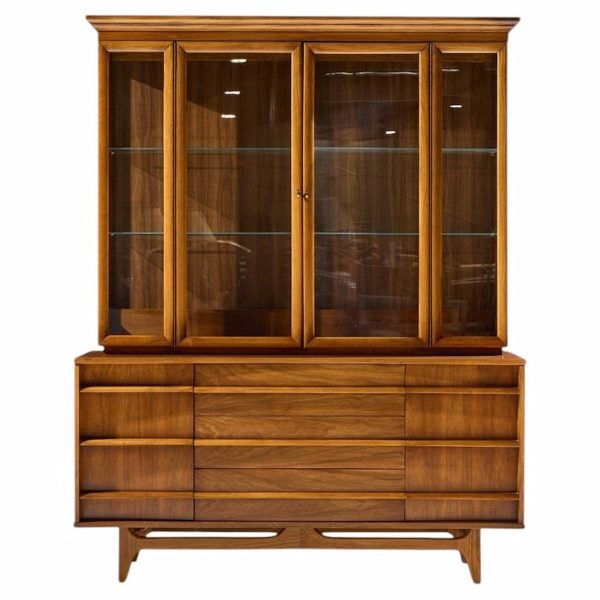 young manufacturing mid century curved walnut credenza and hutch