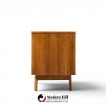 young manufacturing mid century walnut and burlwood sliding door credenza and hutch