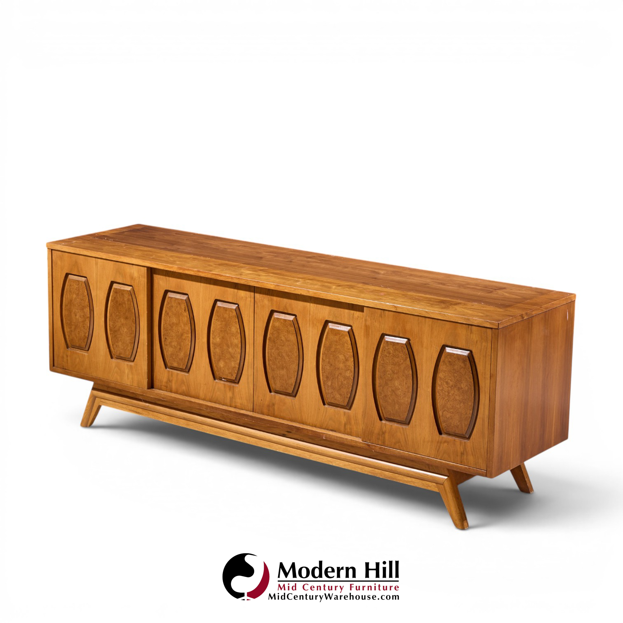 young manufacturing mid century walnut and burlwood sliding door credenza and hutch