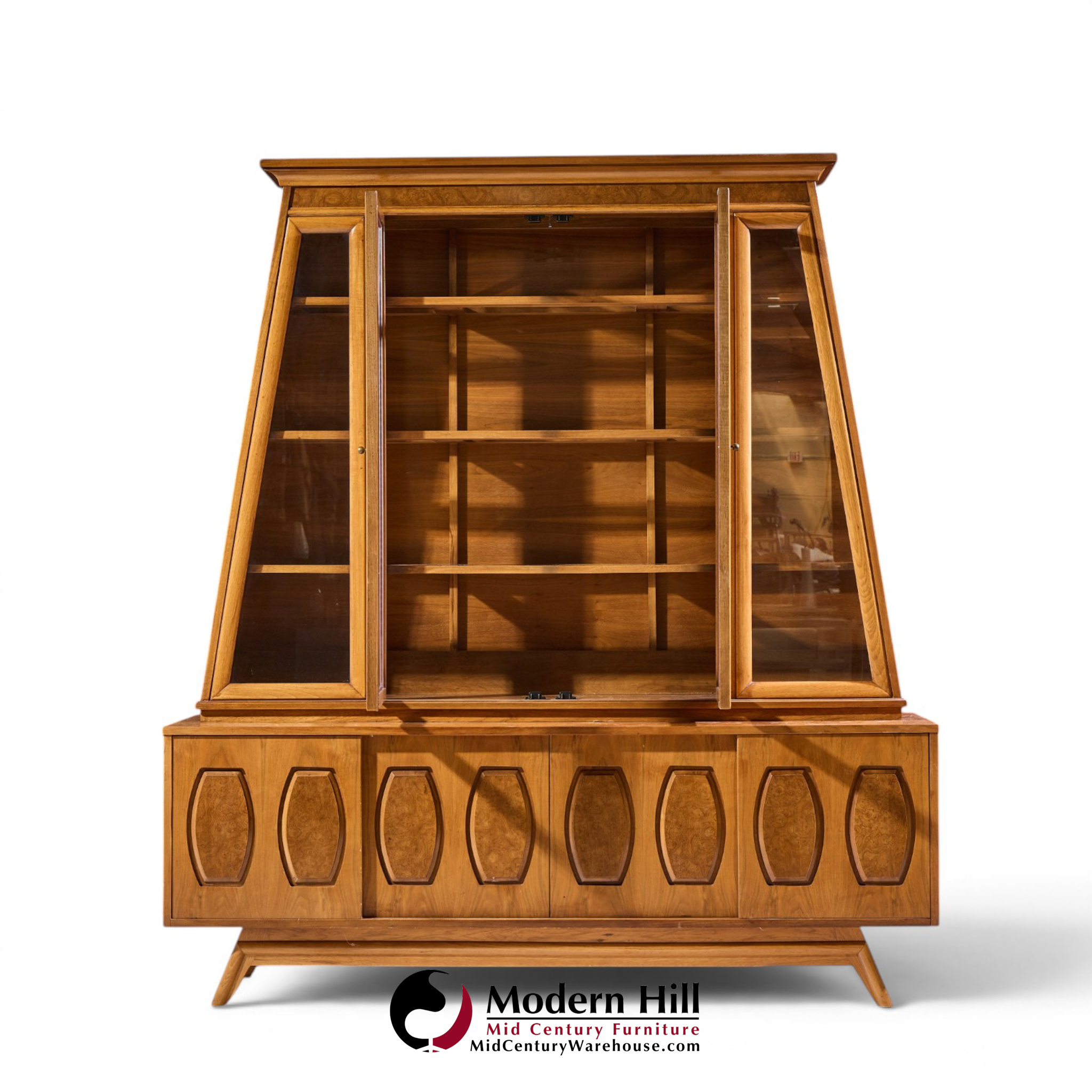 young manufacturing mid century walnut and burlwood sliding door credenza and hutch