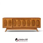 young manufacturing mid century walnut and burlwood sliding door credenza and hutch