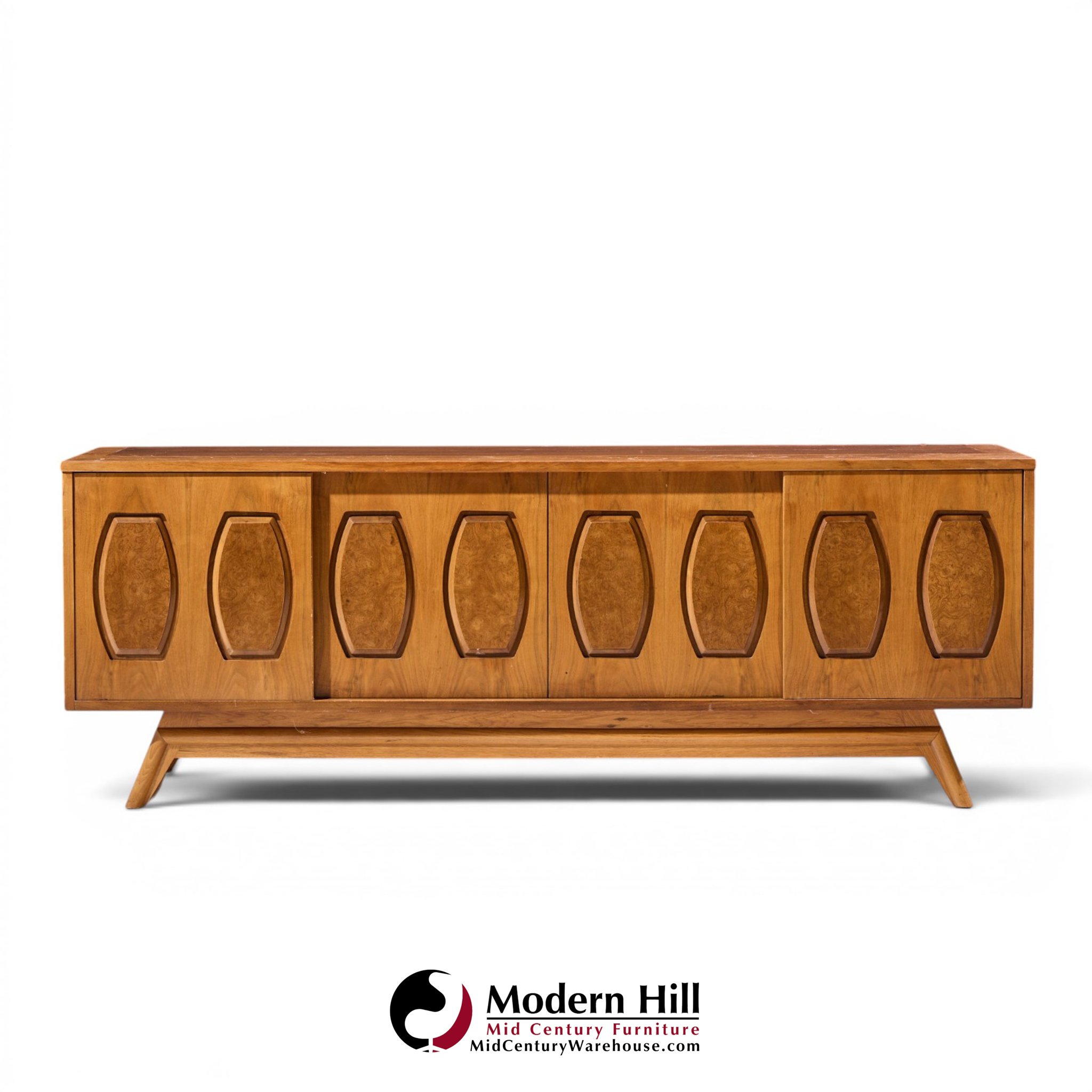 young manufacturing mid century walnut and burlwood sliding door credenza and hutch