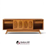young manufacturing mid century walnut and burlwood sliding door credenza and hutch