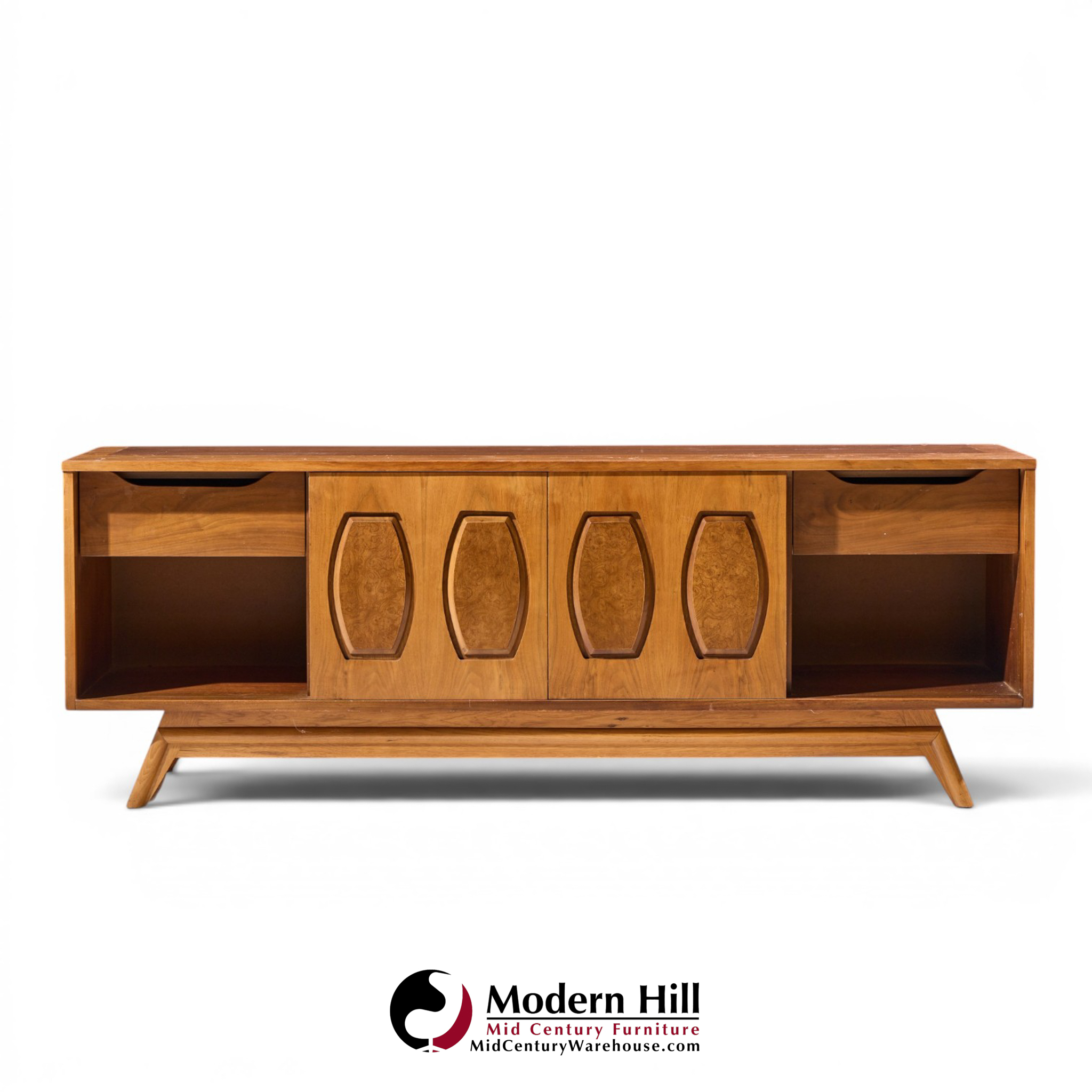 young manufacturing mid century walnut and burlwood sliding door credenza and hutch