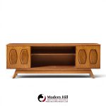 young manufacturing mid century walnut and burlwood sliding door credenza and hutch