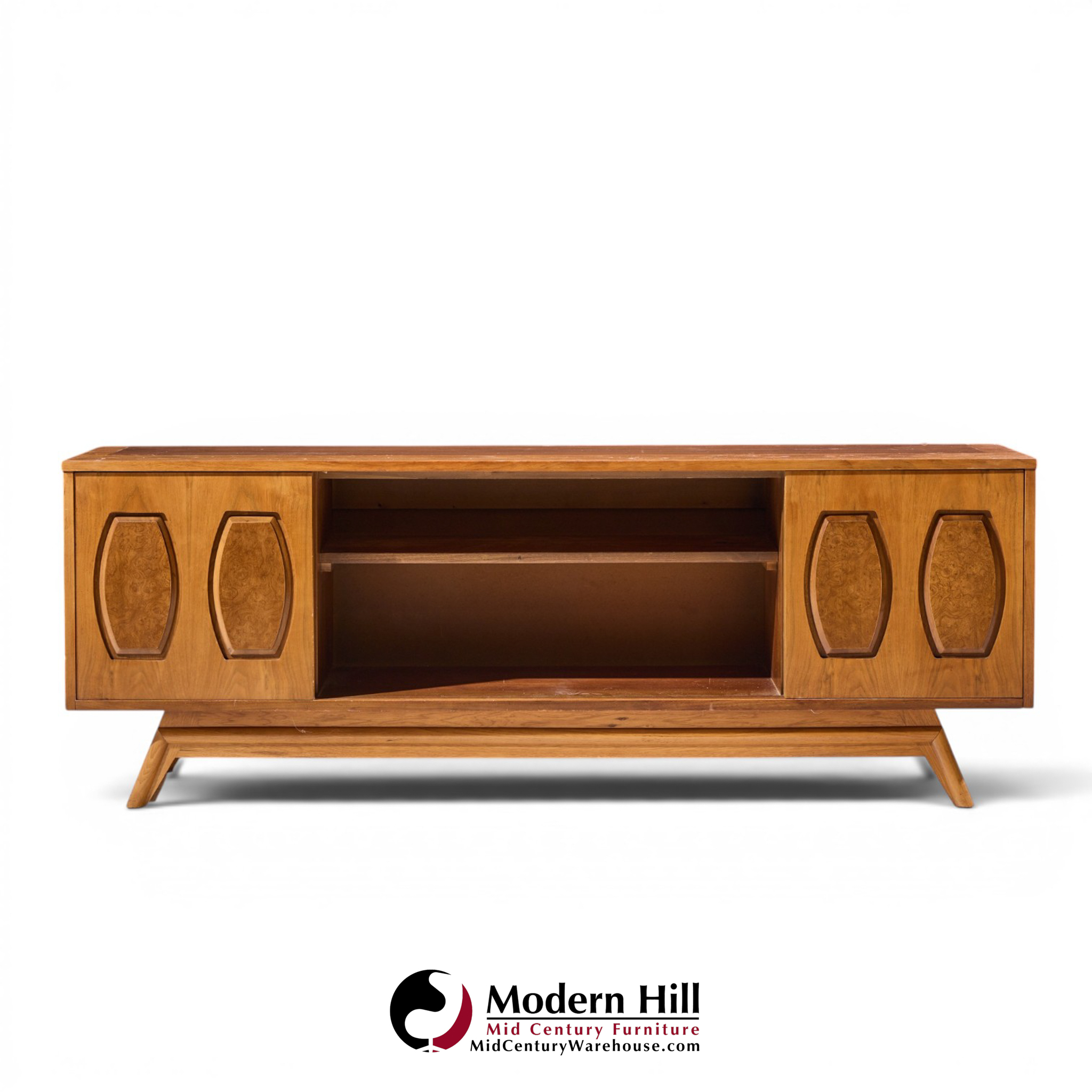 young manufacturing mid century walnut and burlwood sliding door credenza and hutch