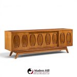 young manufacturing mid century walnut and burlwood sliding door credenza and hutch