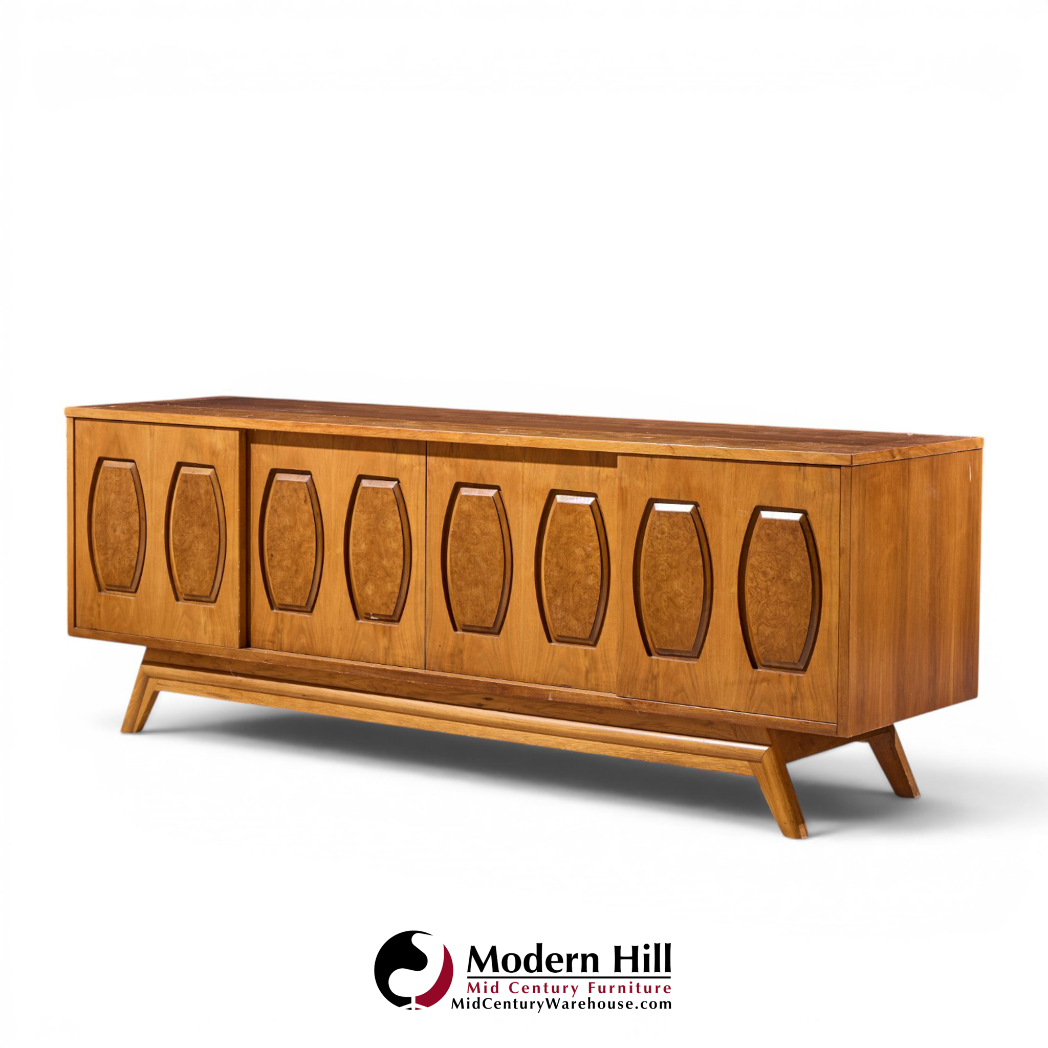 young manufacturing mid century walnut and burlwood sliding door credenza and hutch