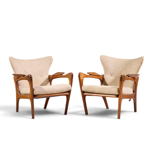 adrian pearsall for craft associates 2291-c mid century walnut lounge chairs - pair