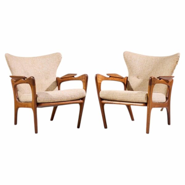 adrian pearsall for craft associates 2291-c mid century walnut lounge chairs - pair