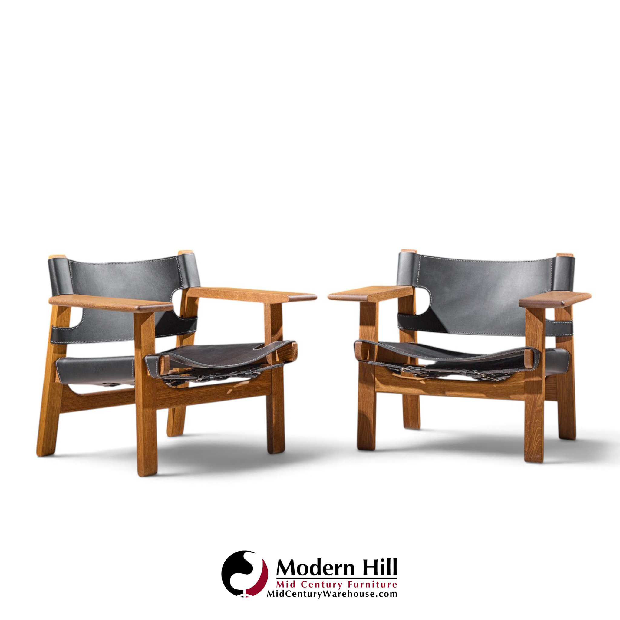 børge mogensen for fredericia mid century oak and leather spanish chairs - pair