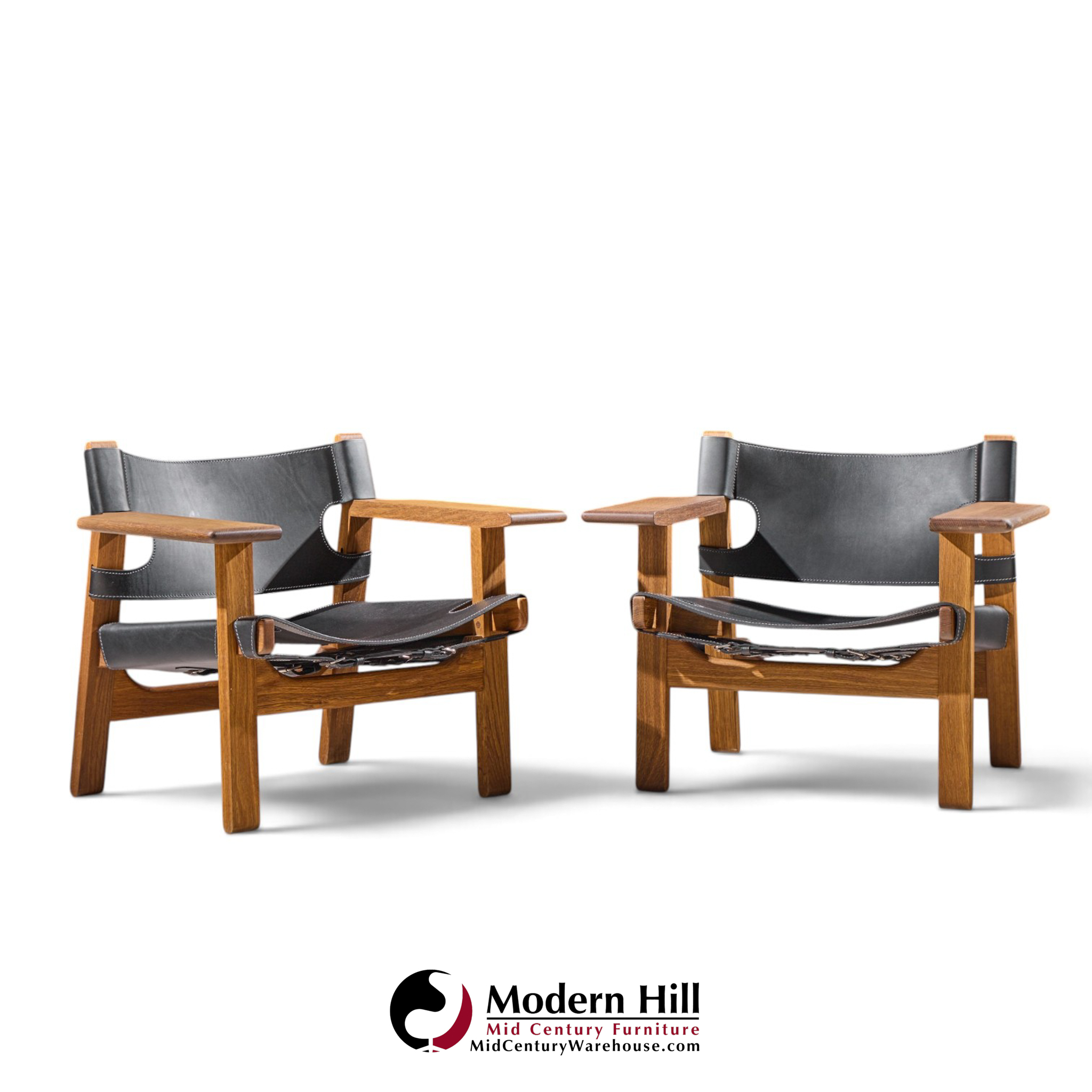 børge mogensen for fredericia mid century oak and leather spanish chairs - pair
