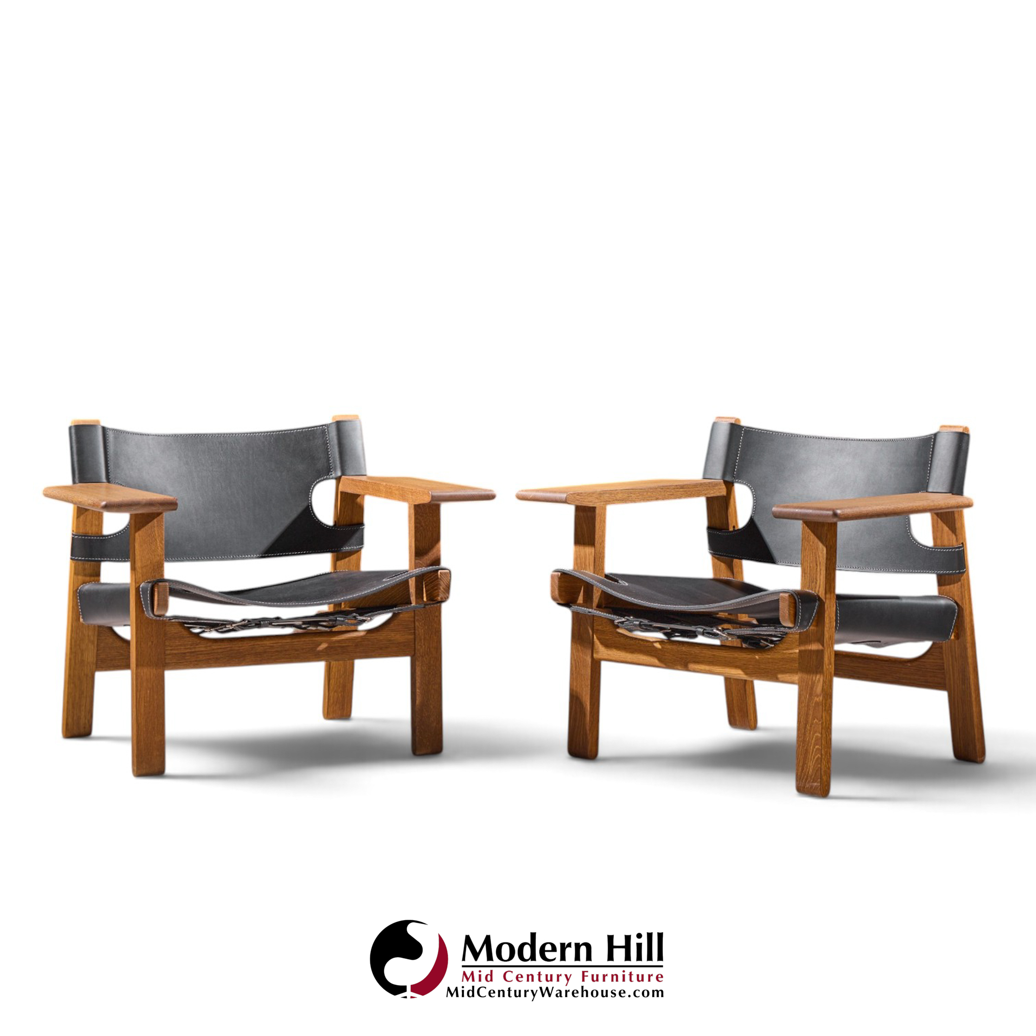 børge mogensen for fredericia mid century oak and leather spanish chairs - pair