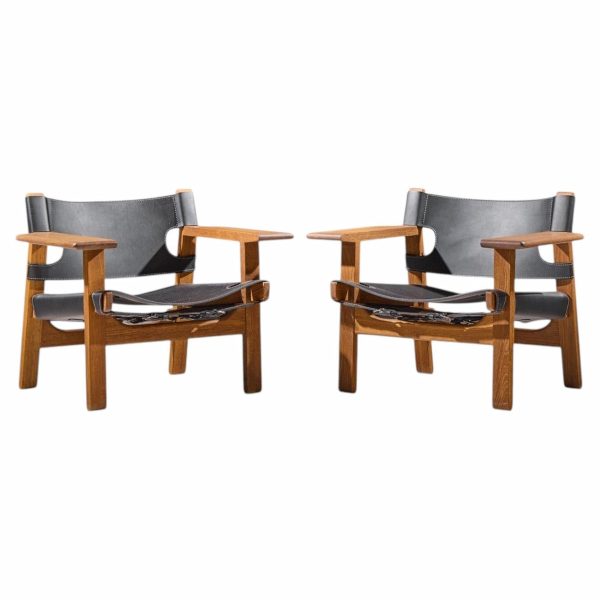 børge mogensen for fredericia mid century oak and leather spanish chairs - pair