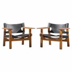 børge mogensen for fredericia mid century oak and leather spanish chairs - pair