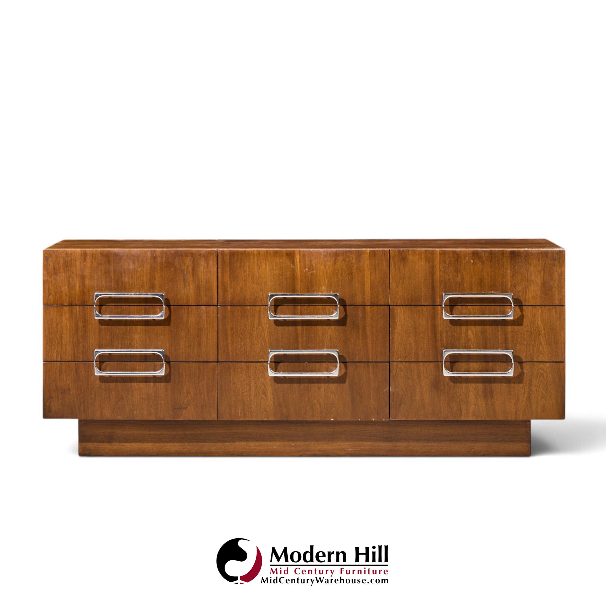 craft associates mid century walnut and chrome 9 drawer lowboy dresser