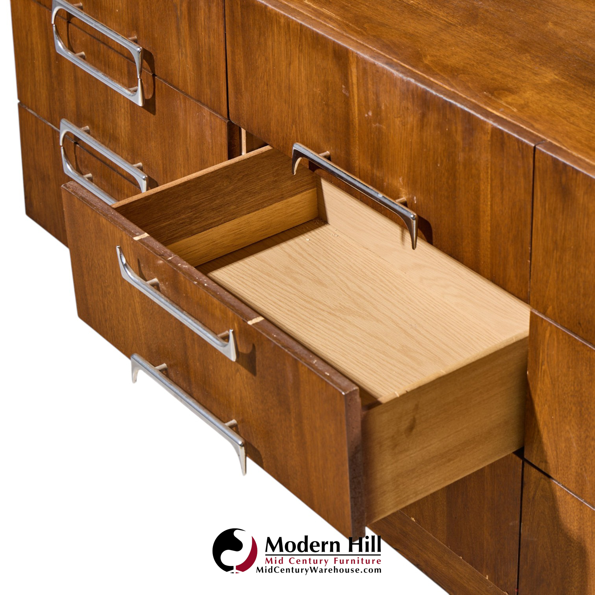 craft associates mid century walnut and chrome 9 drawer lowboy dresser