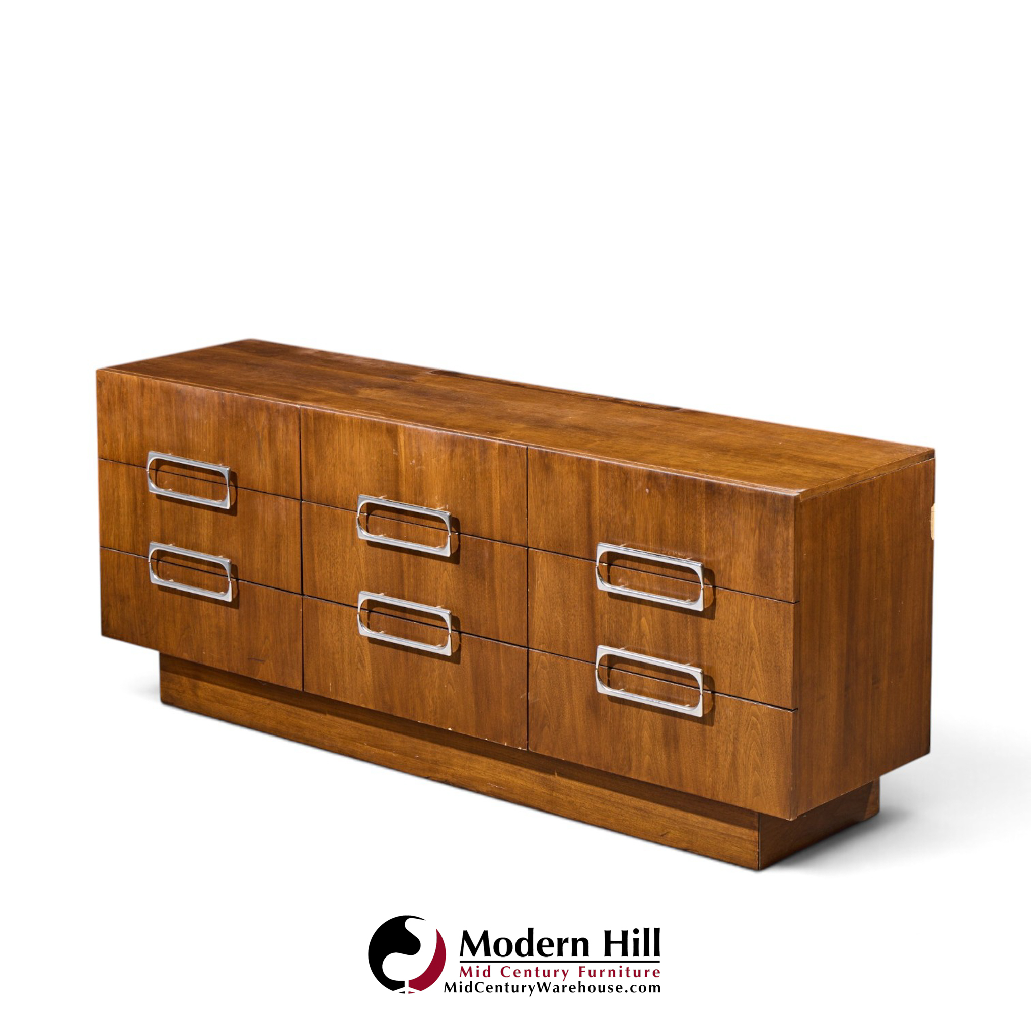 craft associates mid century walnut and chrome 9 drawer lowboy dresser