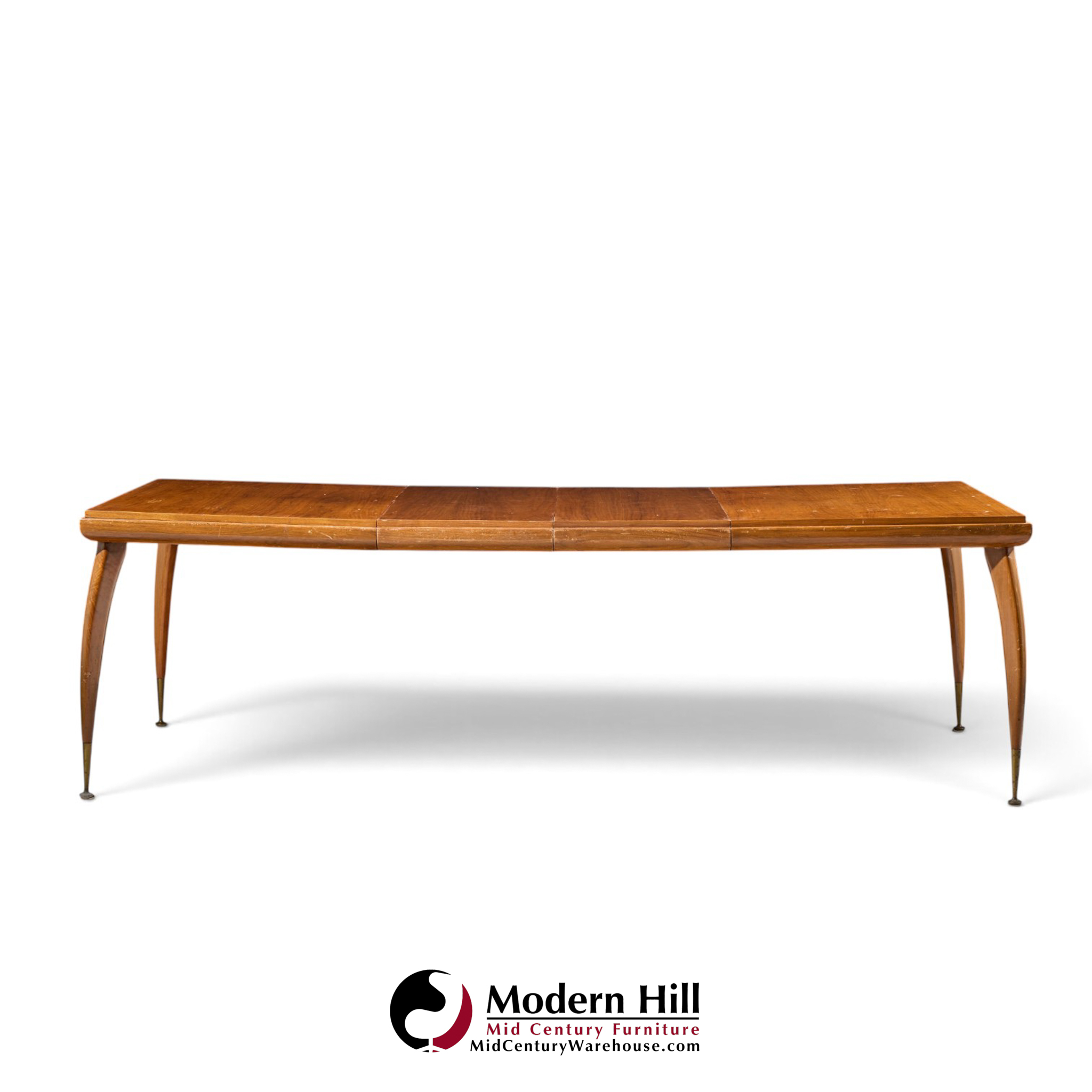 gio ponti style mid century italian walnut and brass expanding dining table with 2 leaves