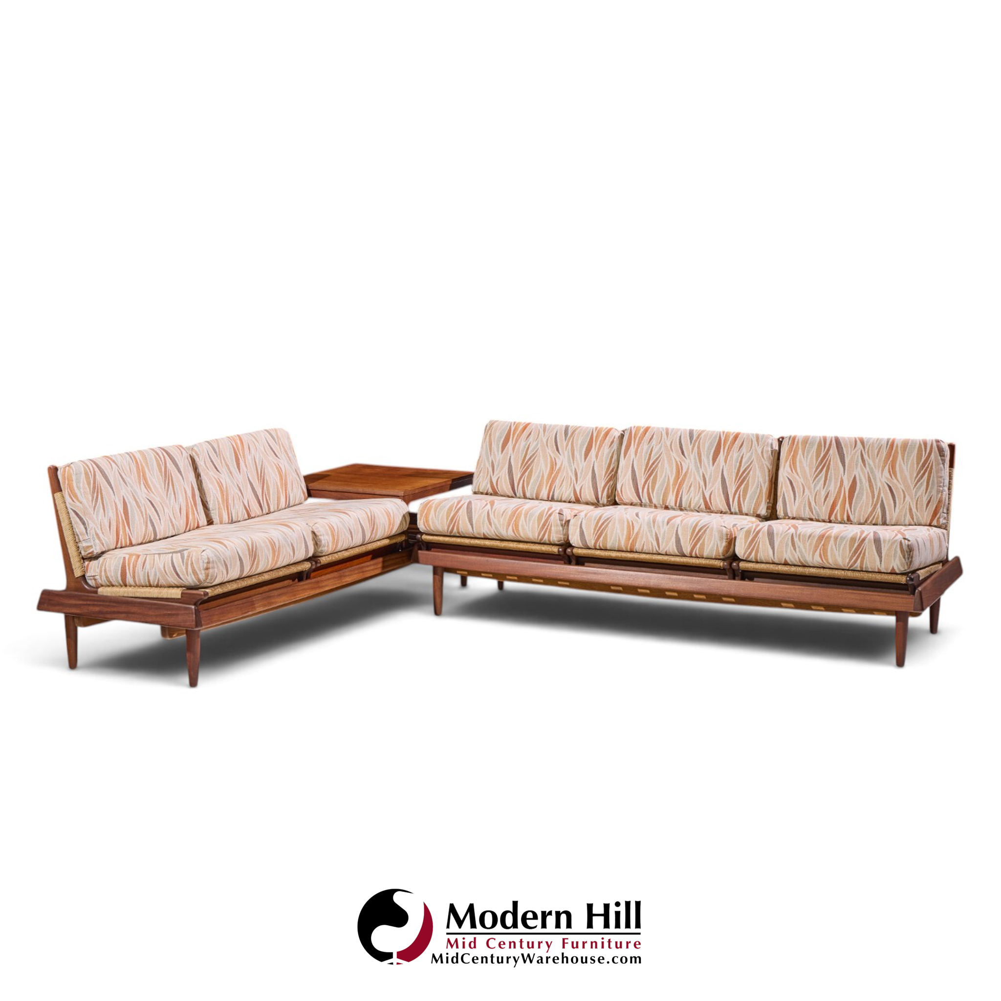 hans olsen model 161 danish teak and cane modular 2-seat sofa with table - pair