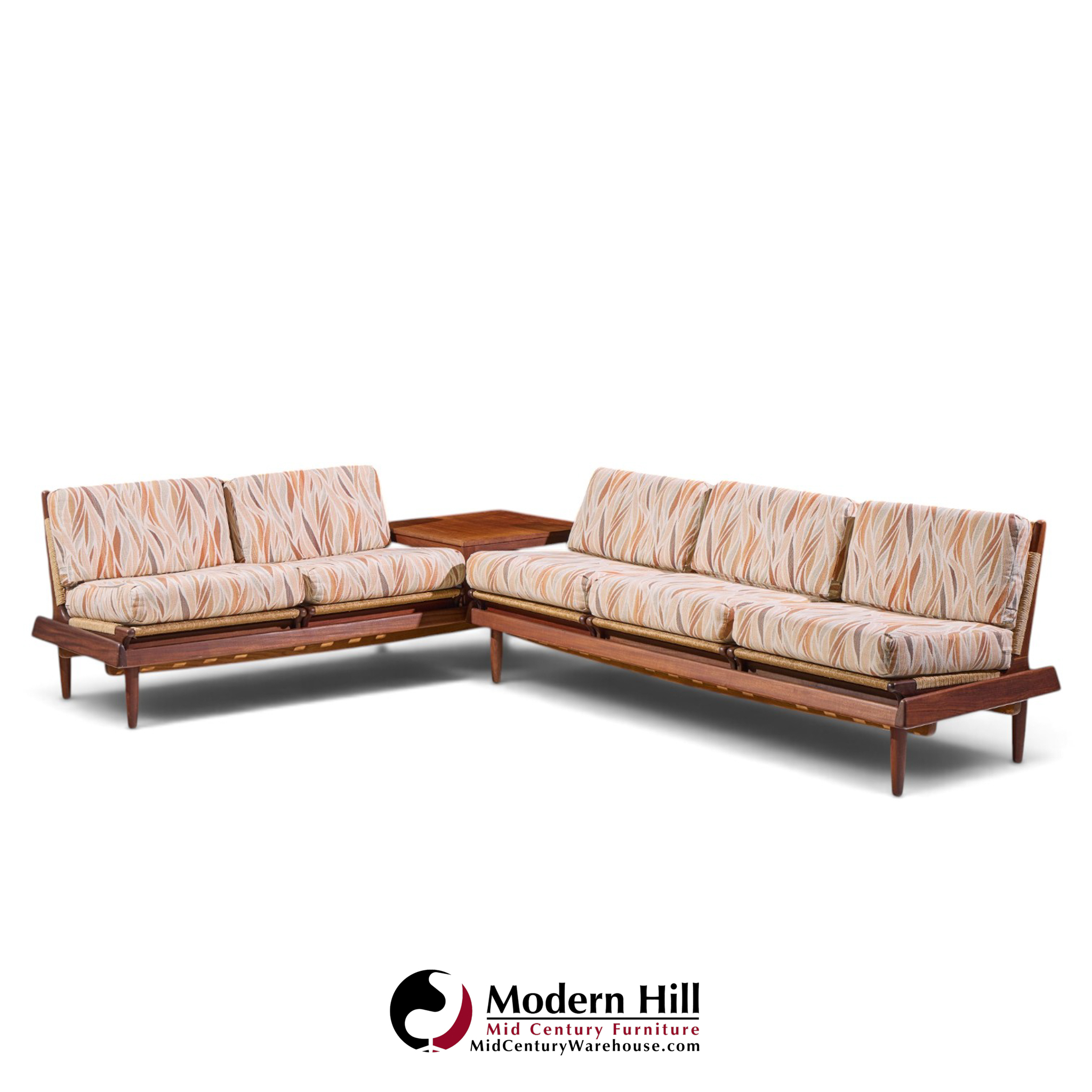 hans olsen model 161 danish teak and cane modular 2-seat sofa with table - pair