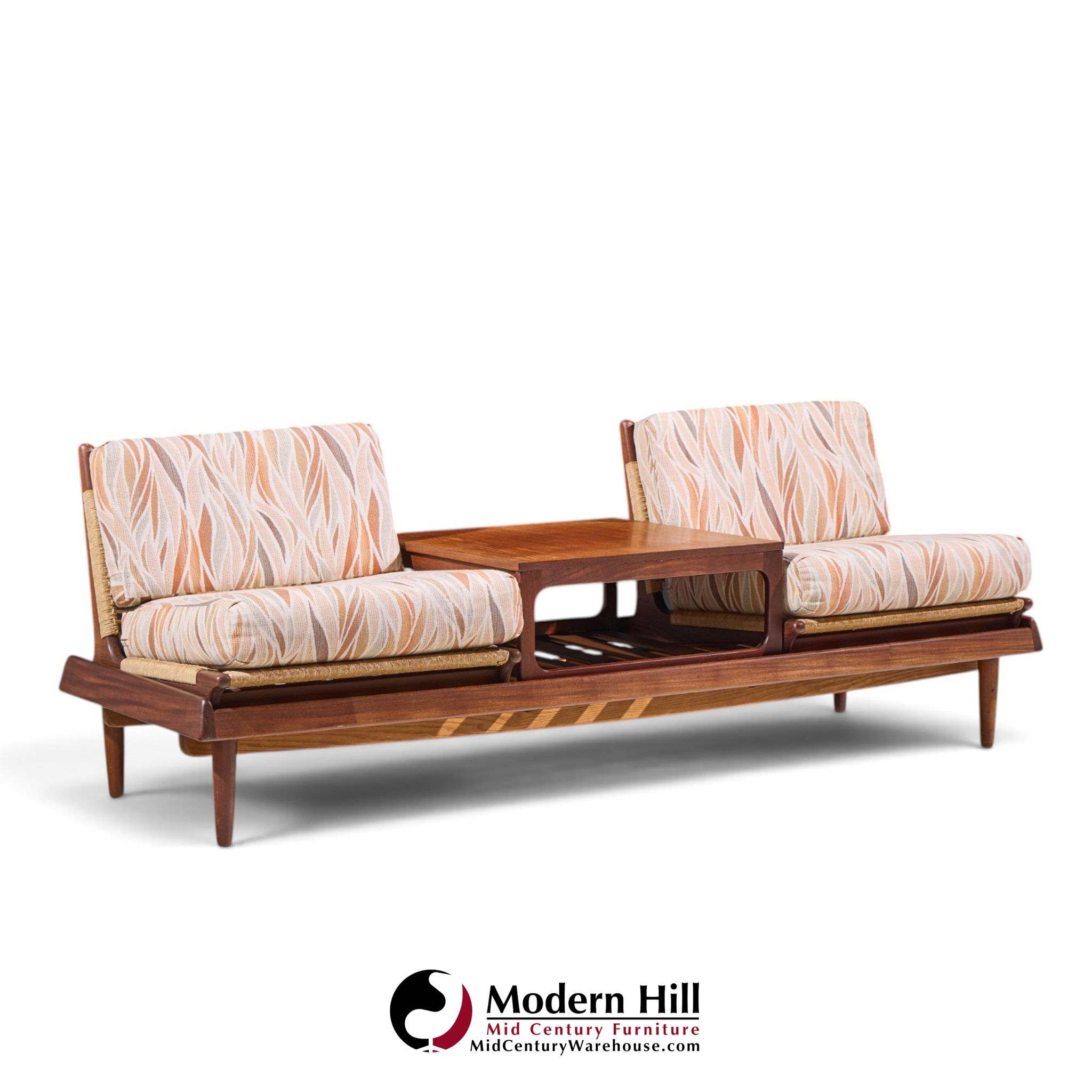 hans olsen model 161 danish teak and cane modular 2-seat sofa with table - pair