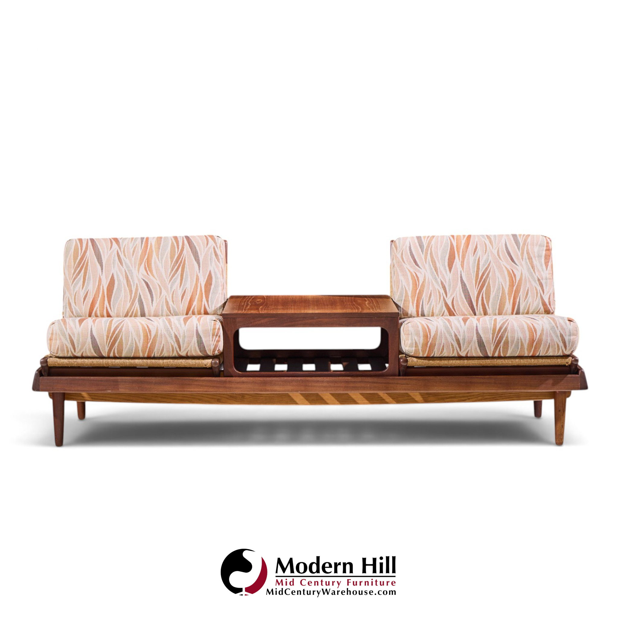 hans olsen model 161 danish teak and cane modular 2-seat sofa with table - pair