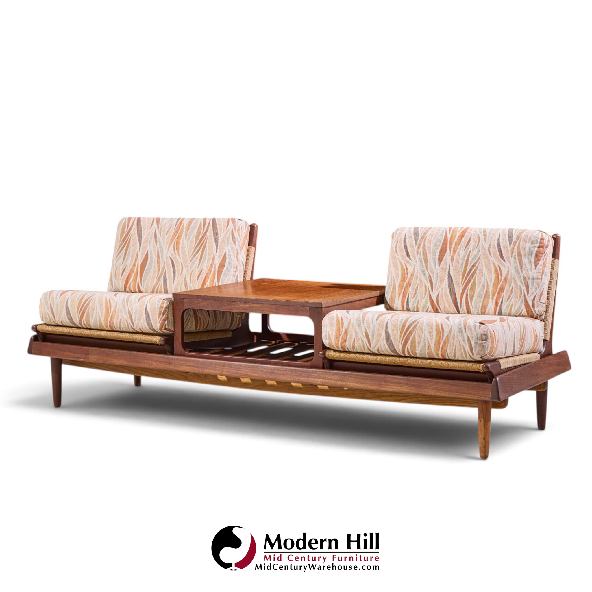 hans olsen model 161 danish teak and cane modular 2-seat sofa with table - pair